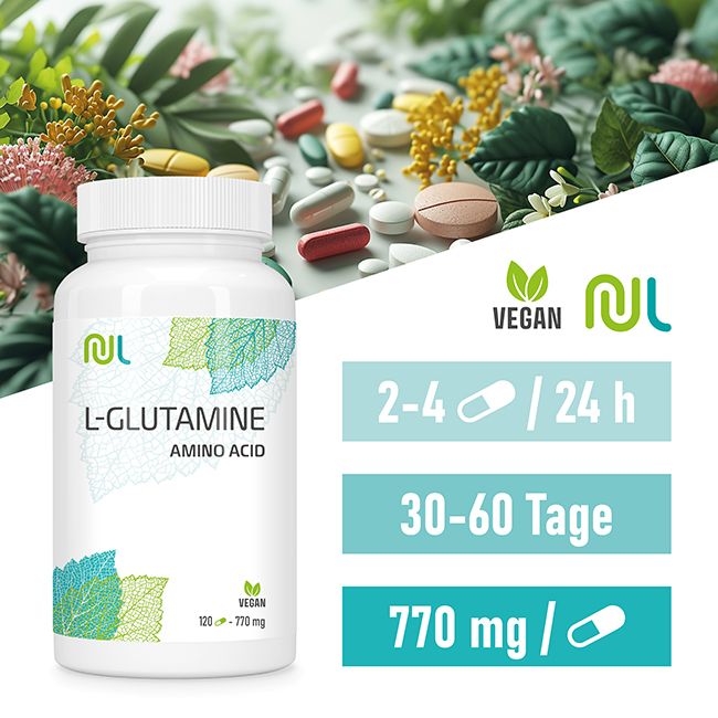 Weiße Flasche mit Schraubverschluss. Aufschrift: L-Glutamin, Aminosäure. Vegan-Siegel. Blattmuster. Tabletten.