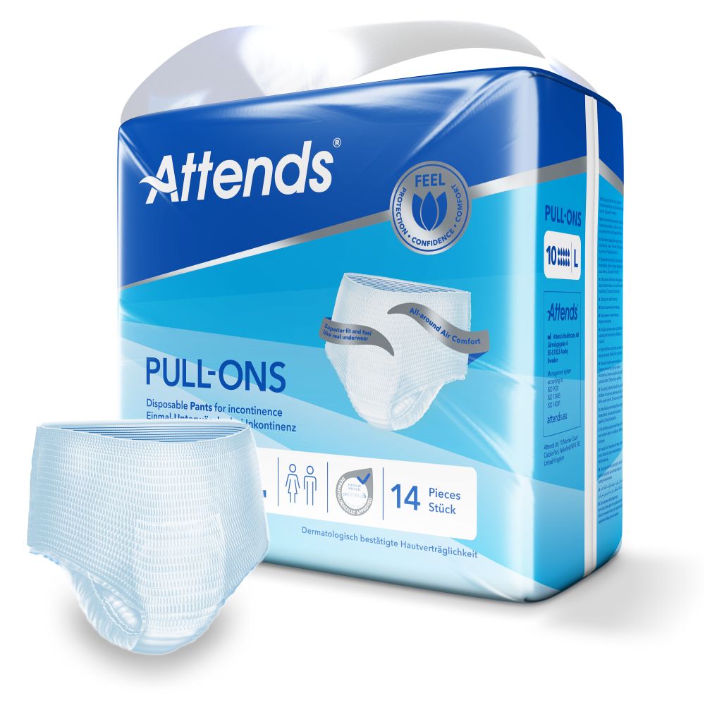 Attends Pull-Ons 10 Einmalhosen. Packung mit 14 Stück. Größe L. Blaue Verpackung mit Produktabbildung. Dermatologisch getestet.