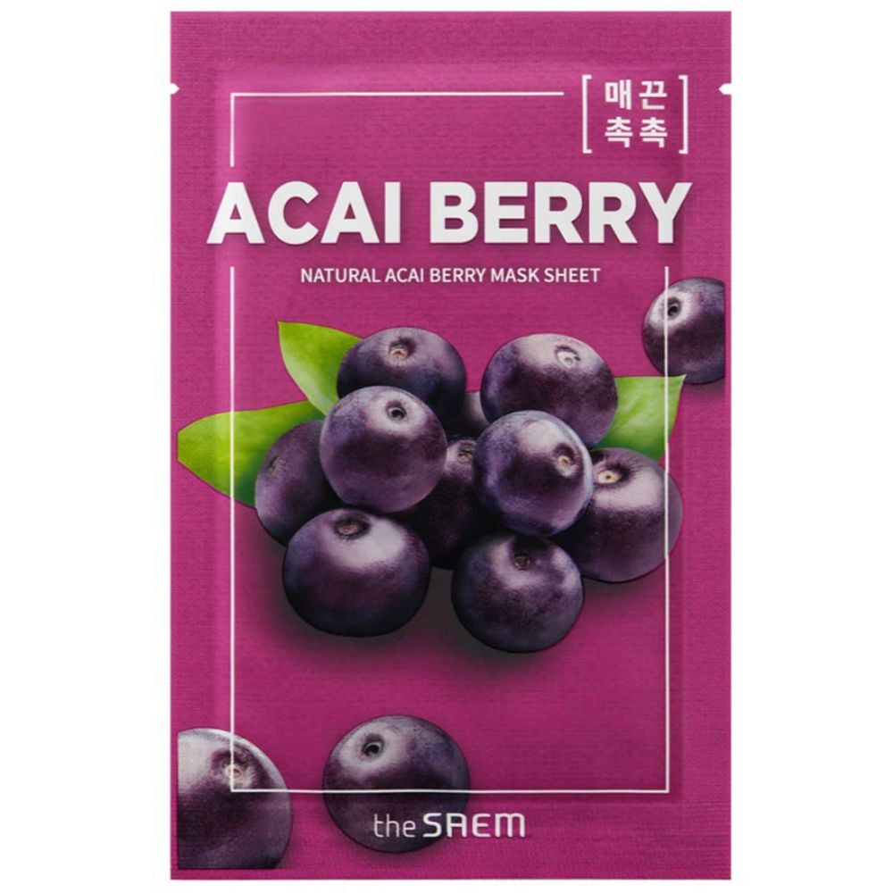 Verpackung mit Aufschrift "ACAI BERRY". Abbildung von Acai-Beeren und Blättern. Marke "the SAEM" unten.