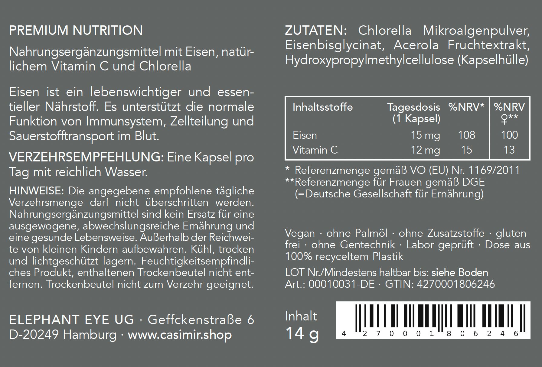 Rückseite der Produktverpackung. Enthält Informationen zu Inhaltsstoffen, Nährwerten, Verzehrempfehlung, und Hersteller.