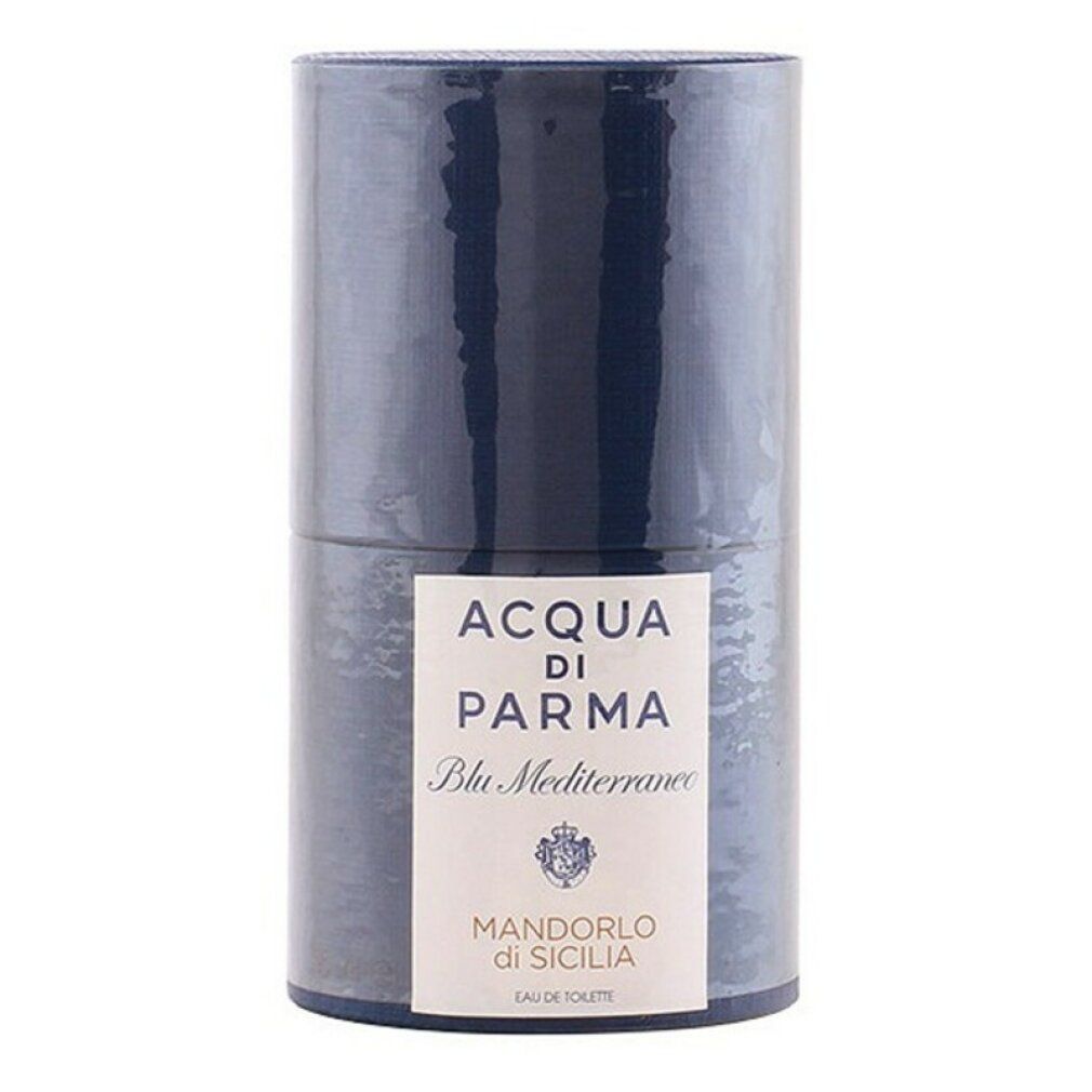 Zylindrische Verpackung. Aufschrift: Acqua di Parma Blu Mediterraneo Mandorlo di Sicilia.