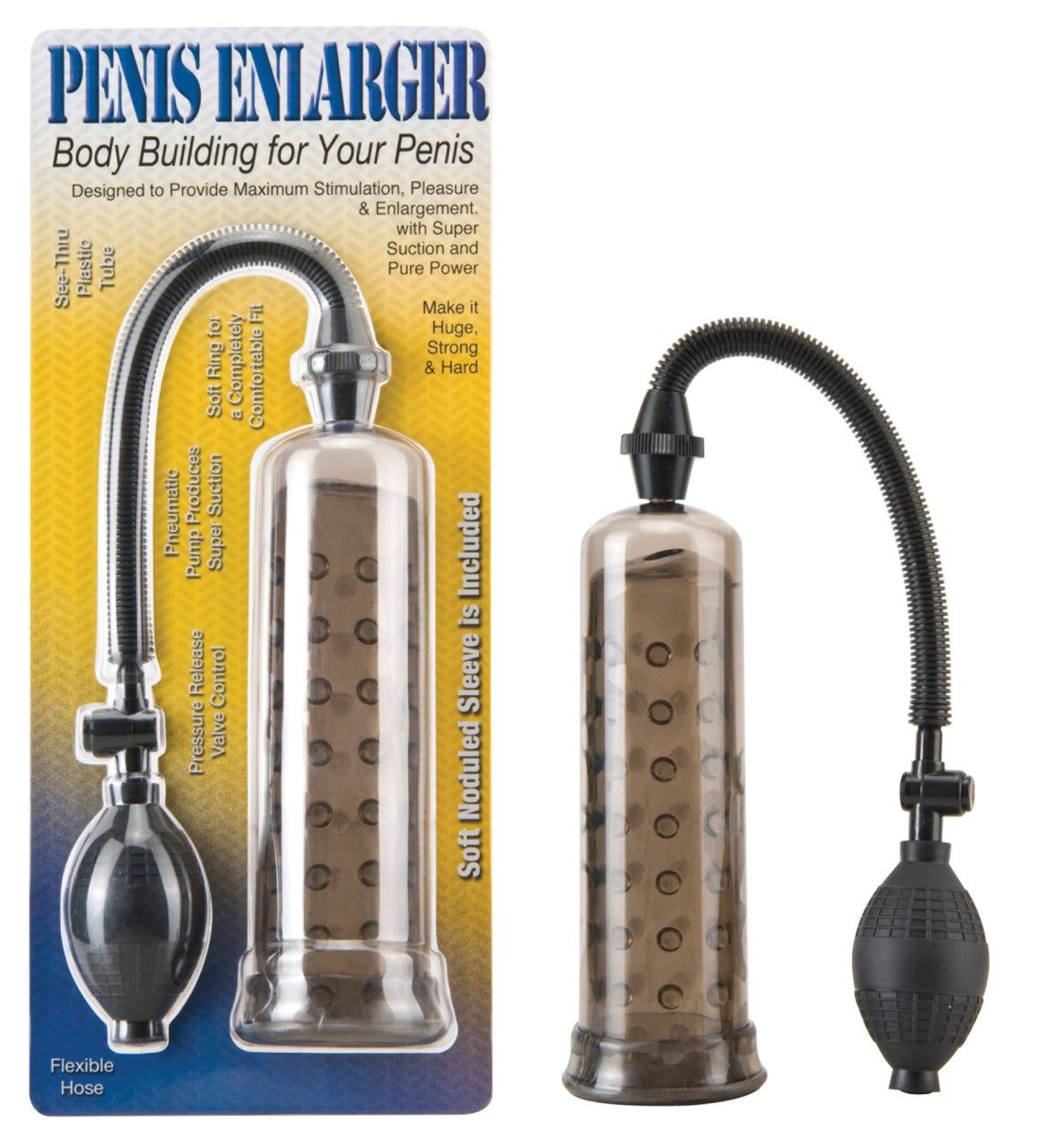 Transparente Penis Enlarger Potenzpumpe. Zylinder, Schlauch und Pumpe. Auf Blisterkarte mit Produktname und Beschreibung.