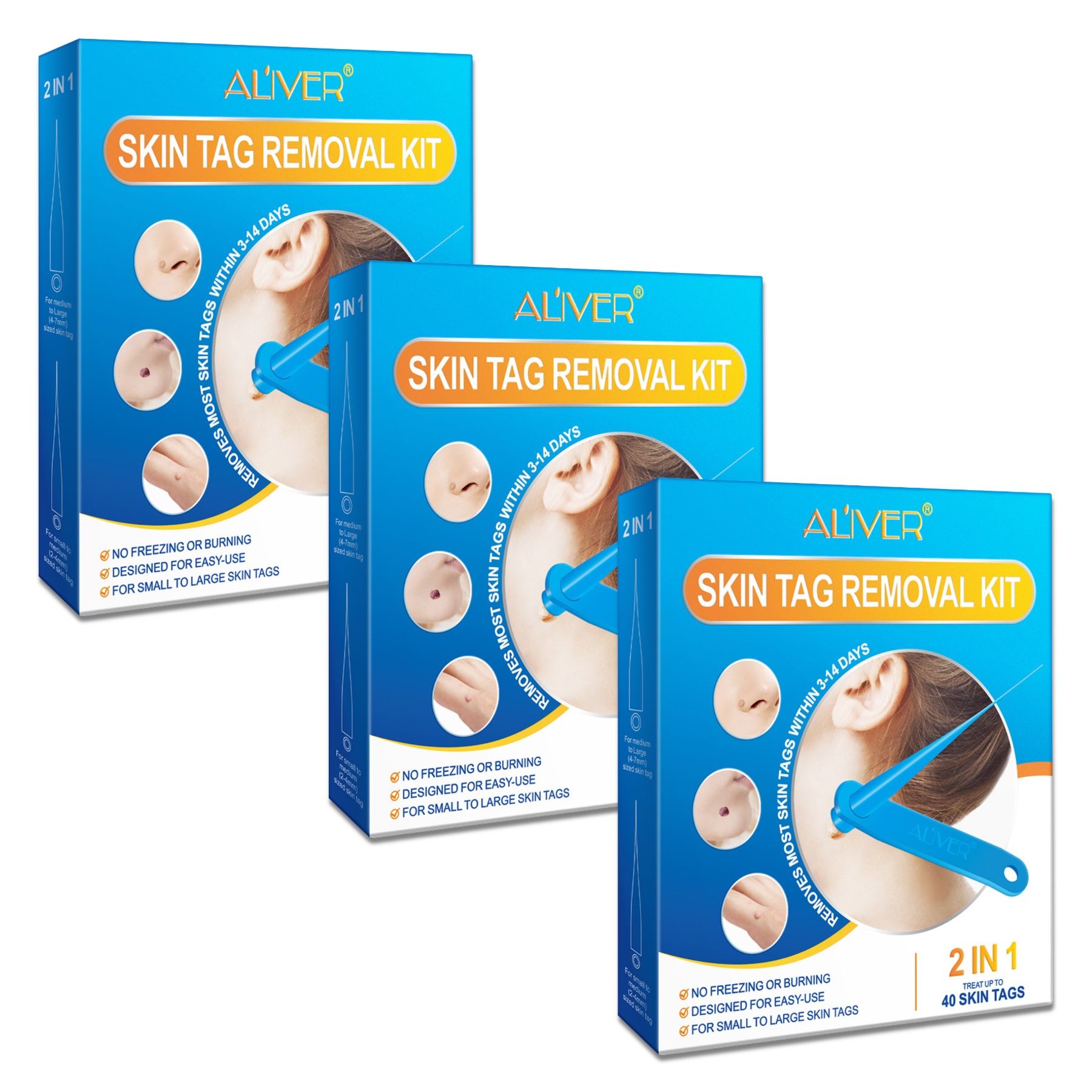 Drei Produktverpackungen. Enthält einen Skin Tag Removal Kit. Text: ALIVER, Skin Tag Removal Kit, 2 in 1.