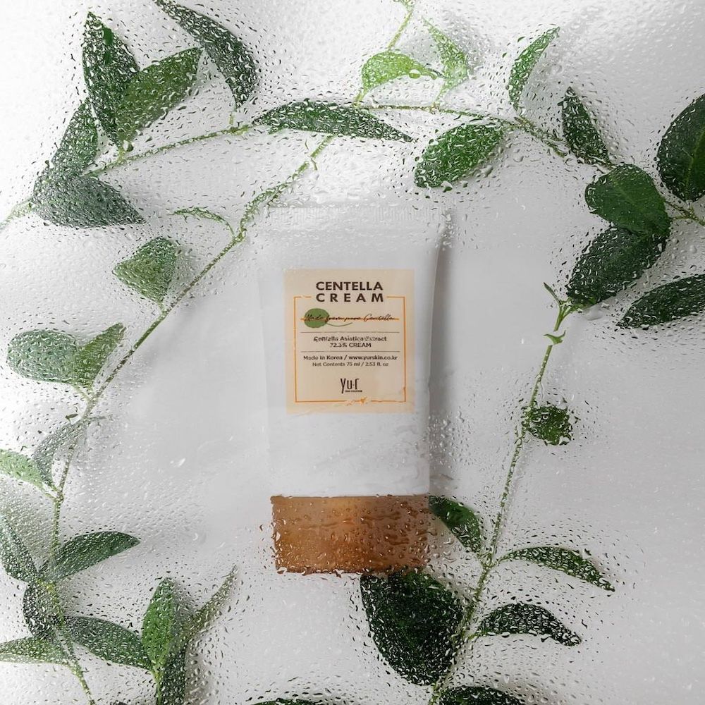 Creme-Tube mit Aufschrift Centella Cream, umgeben von grünen Blättern. Aufschrift: Centella Asiatica Extract 72.3% CREAM.