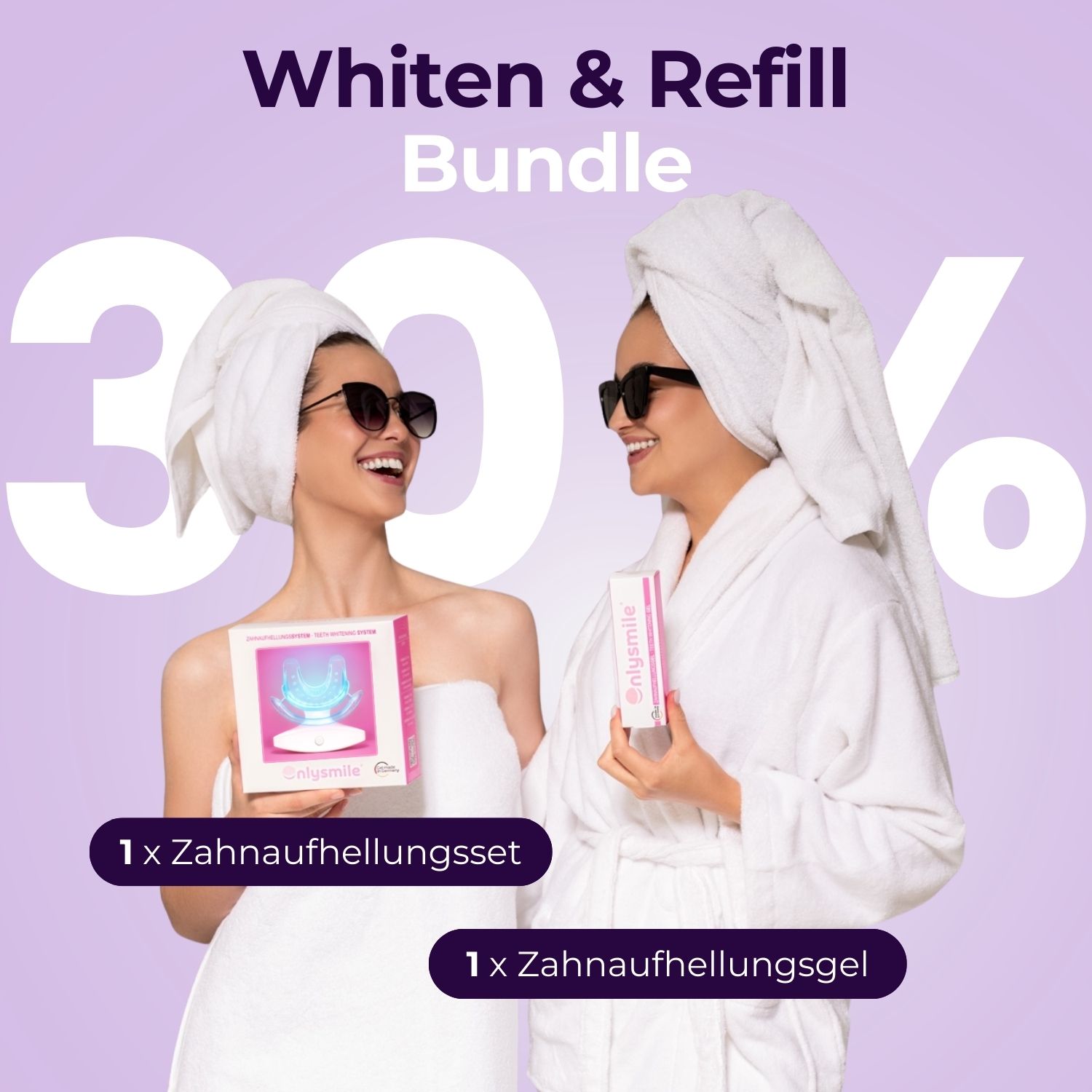 Zwei Frauen mit Handtüchern und Sonnenbrillen. Eine hält ein Set, die andere Gel. Text: Whiten & Refill Bundle.
