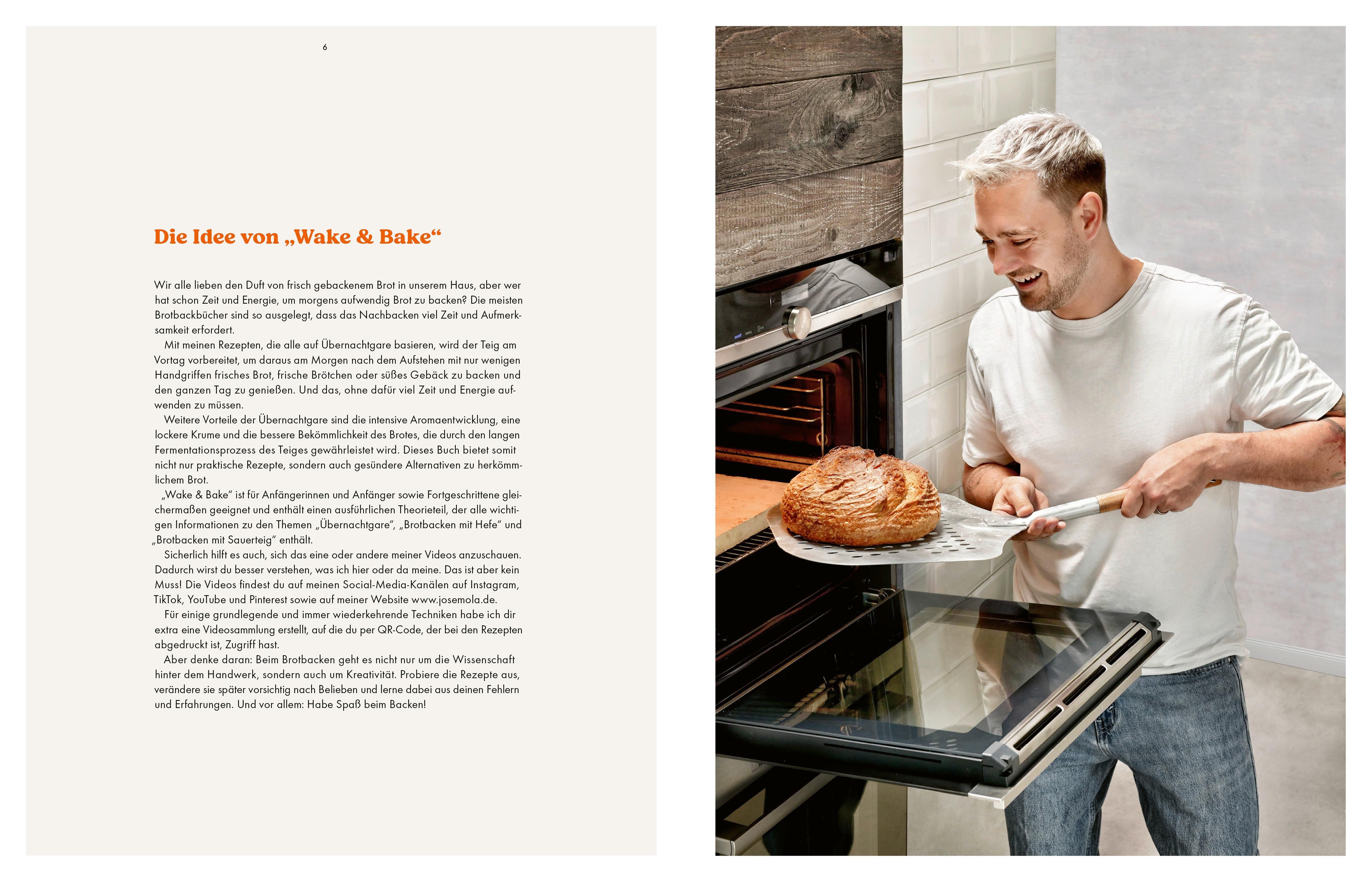 Buch: "Wake & Bake". Autor backt Brot im Ofen. Text auf Deutsch. Ofen mit Brot.