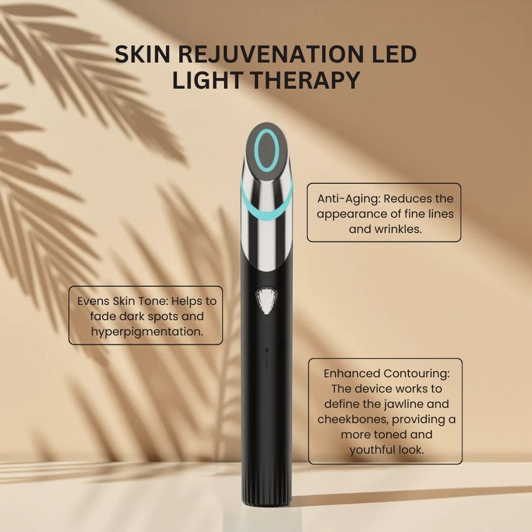 Schwarzes Hautpflegegerät mit silbernen und blauen Akzenten, das für Hautverjüngung durch LED-Lichttherapie wirbt.
