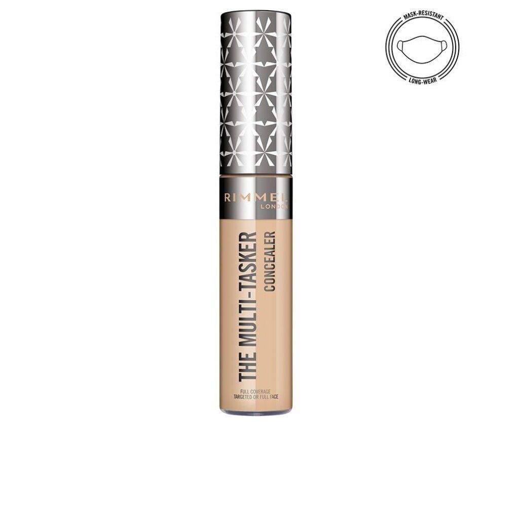 Concealer-Stift mit silberfarbenem Deckel. Aufschrift: RIMMEL LONDON, THE MULTI-TASKER CONCEALER. Farbton: 40 Ivory. Mit Masken-Symbol.
