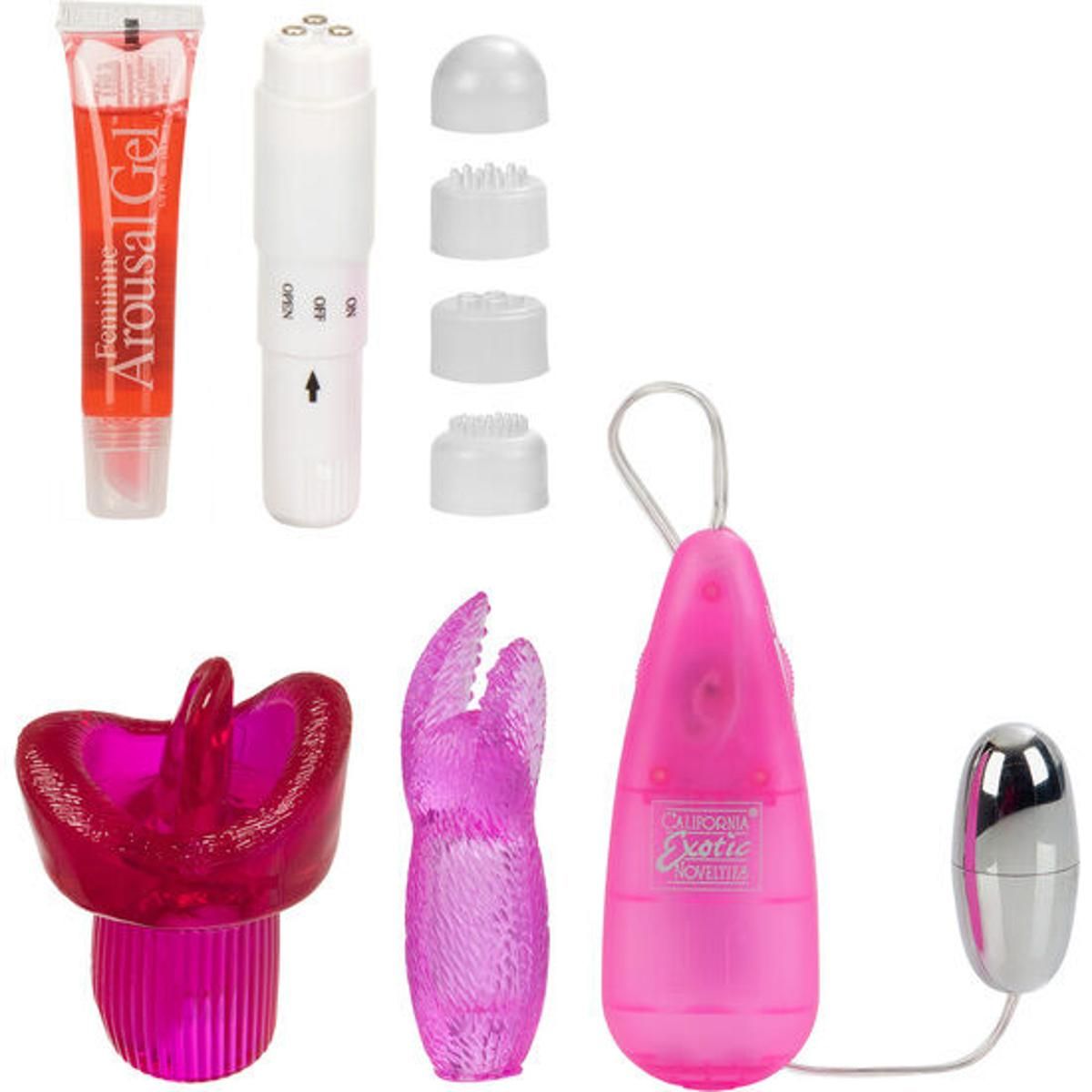 Verschiedene Sextoy-Komponenten: Gel, Massagestab, Aufsätze, Vibrator, und Eier.