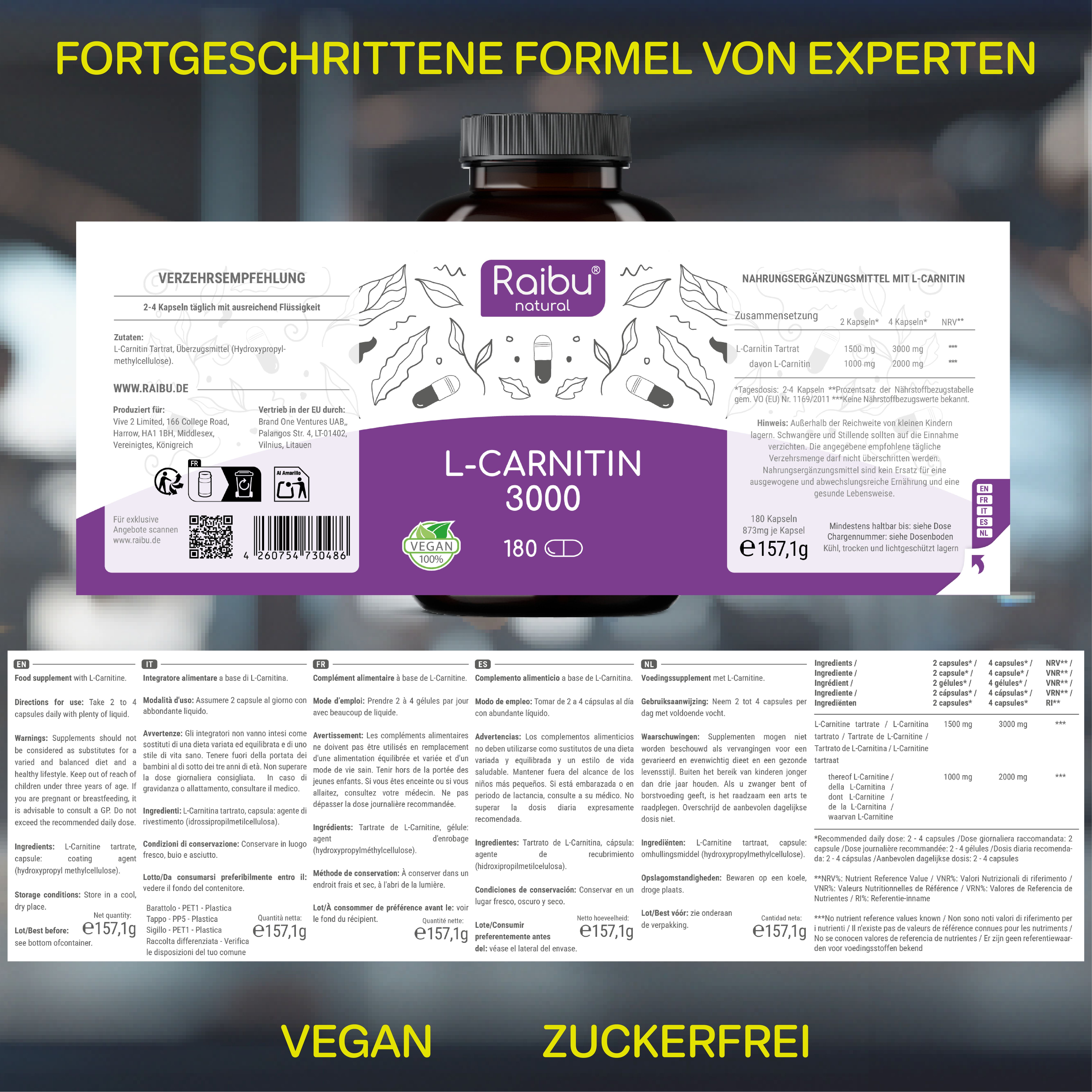 Etikett mit Produktinformationen. Raibu natural L-Carnitin 3000, 180 Kapseln. Vegan-Siegel. Text in Deutsch, Englisch, Französisch, Italienisch.