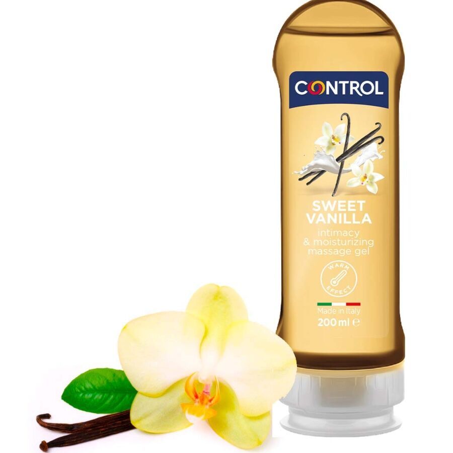 Produktflasche mit gelbem Inhalt, daneben eine Vanilleblüte und -schoten. Aufschrift 'CONTROL Sweet Vanilla'.