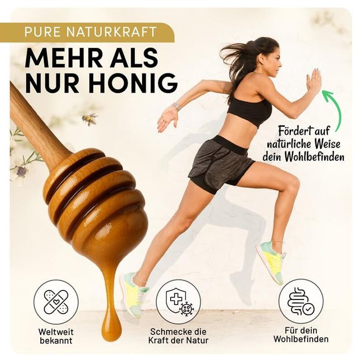 Läuferin mit Honiglöffel. Text: Mehr als nur Honig. Symbole: Pflaster, Gesundheit, Verdauung. Text: Schmecke die Kraft der Natur.