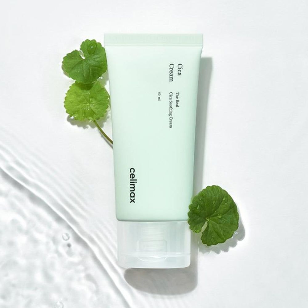 Celimax Cica Creme Tube mit Blättern und Wasser.