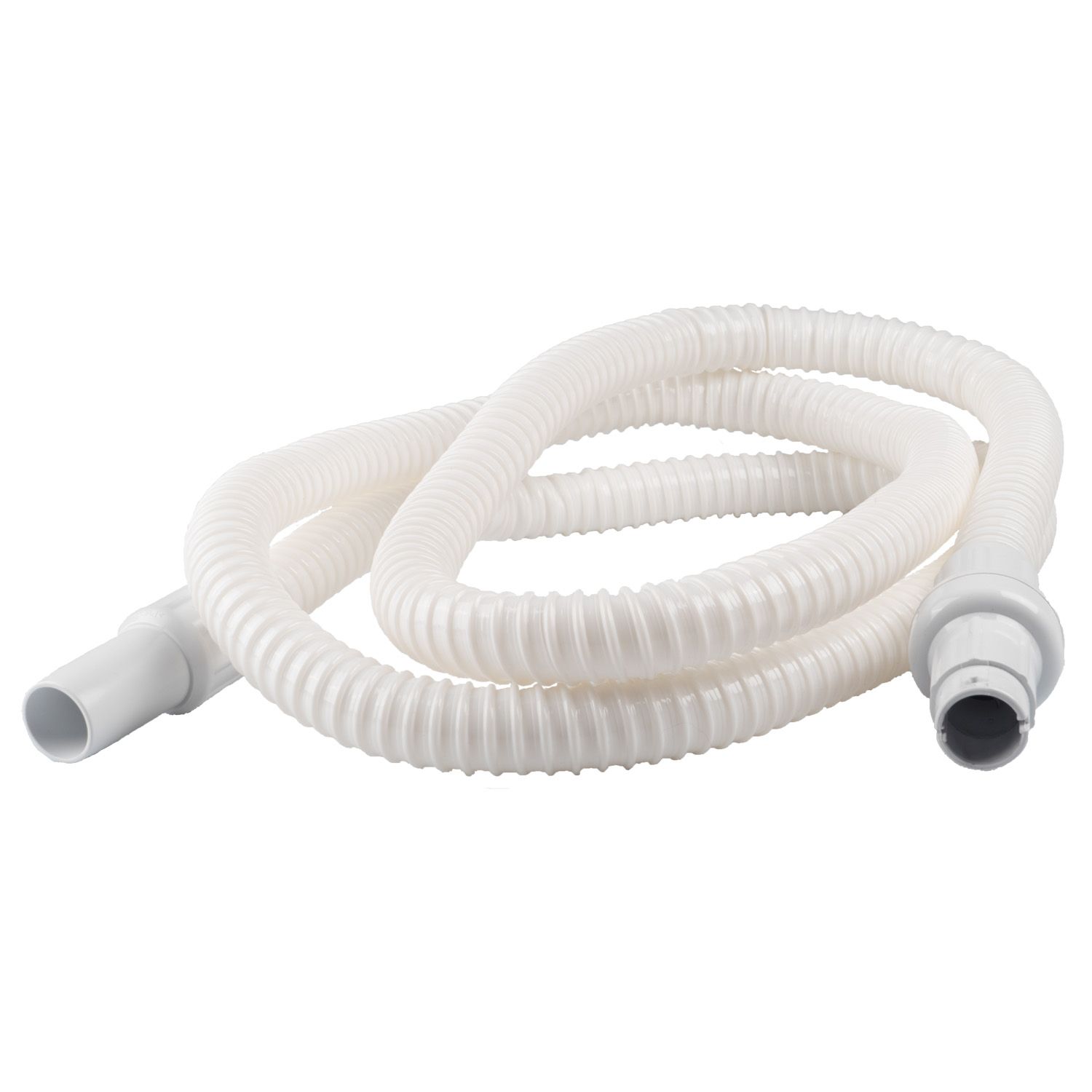 Tuyau de remplacement blanc et cannelé avec deux embouts. Vue du produit sur fond blanc.