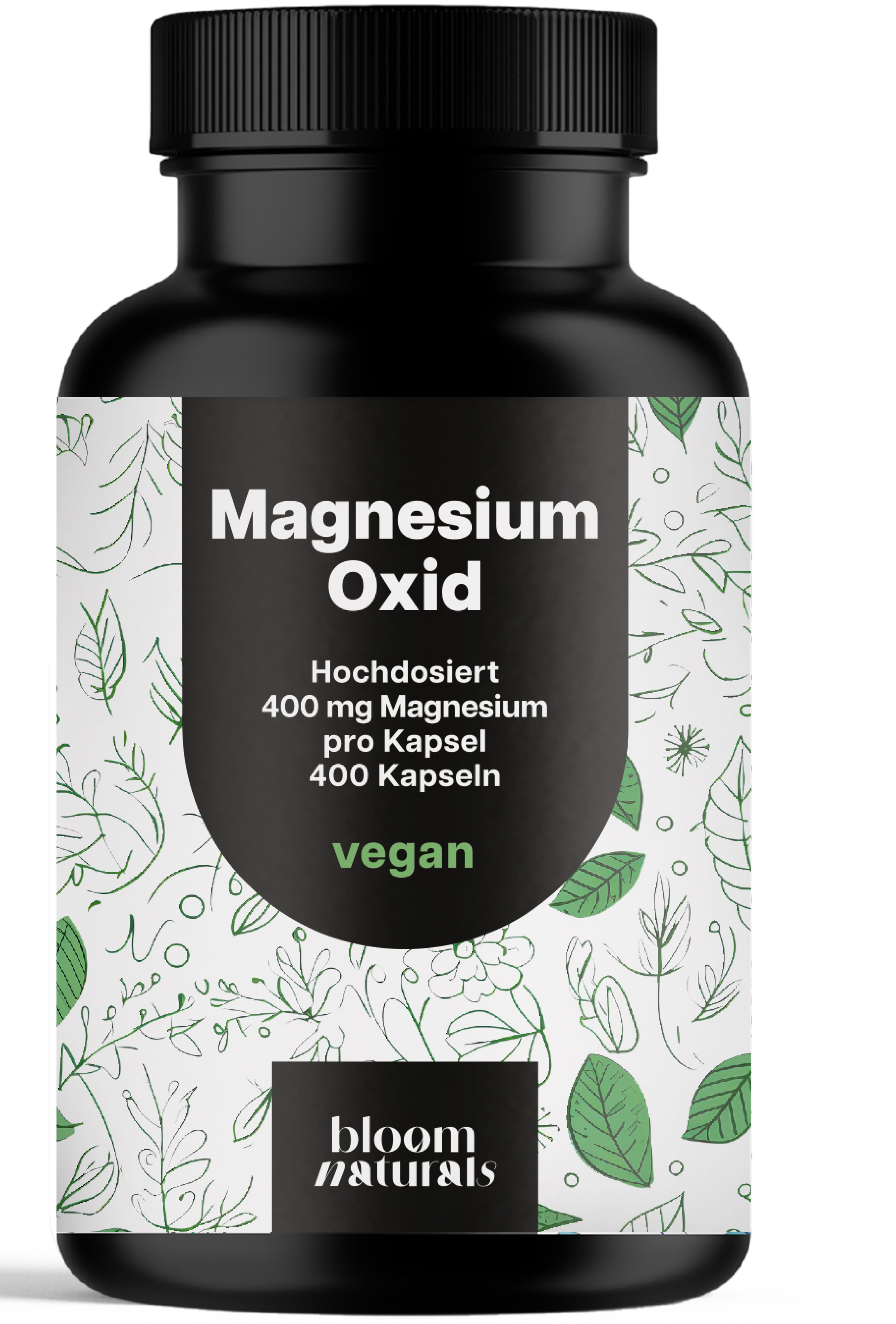 Schwarze Flasche mit Etikett. Aufschrift: Magnesium Oxid, 400 mg Magnesium pro Kapsel, 400 Kapseln, vegan. Marke: Bloom Naturals.