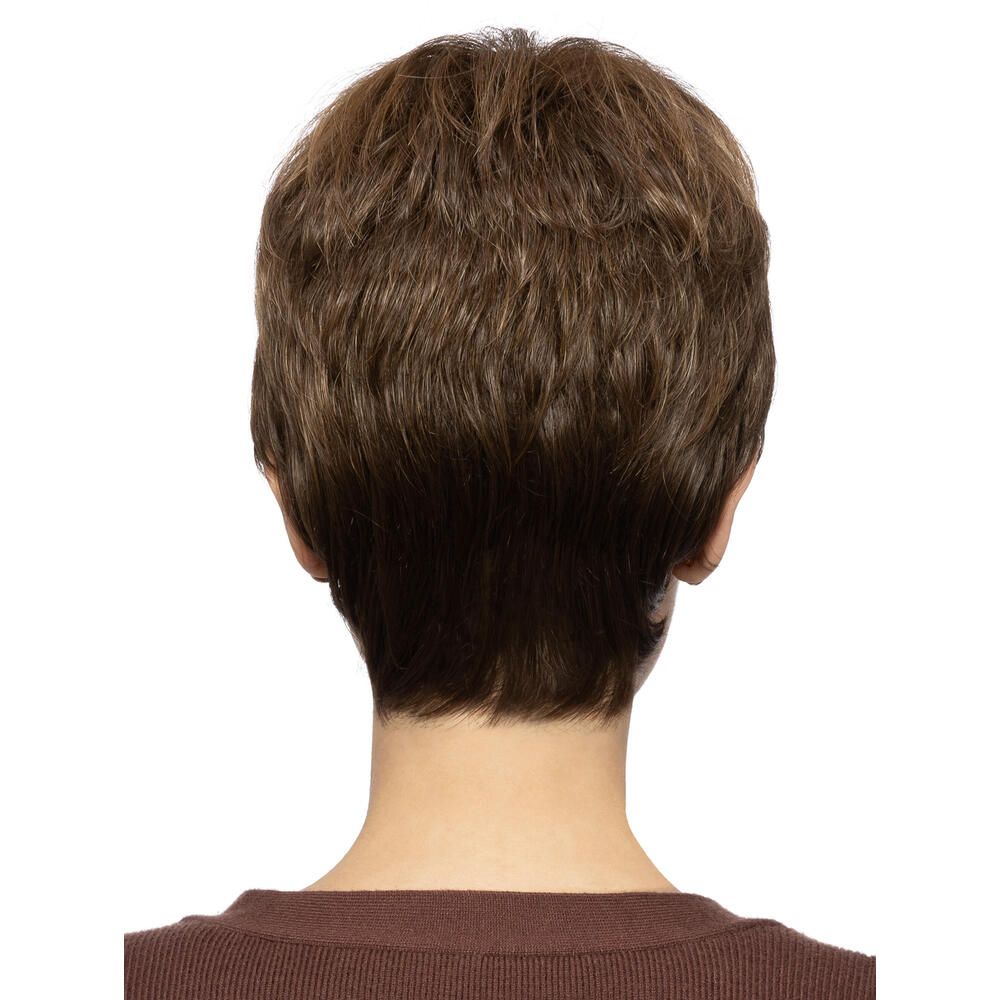 Kurzhaarperücke mit braunen und blonden Strähnen. Rückansicht.