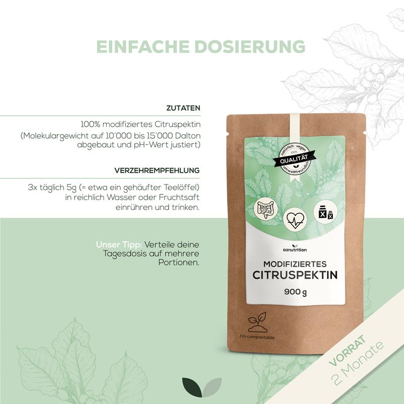 Produktabbildung mit Text: Sanutrition® Modifiziertes Citruspektin, 900g. Dosierungsempfehlung und Zutatenliste. Brauner Papierbeutel.