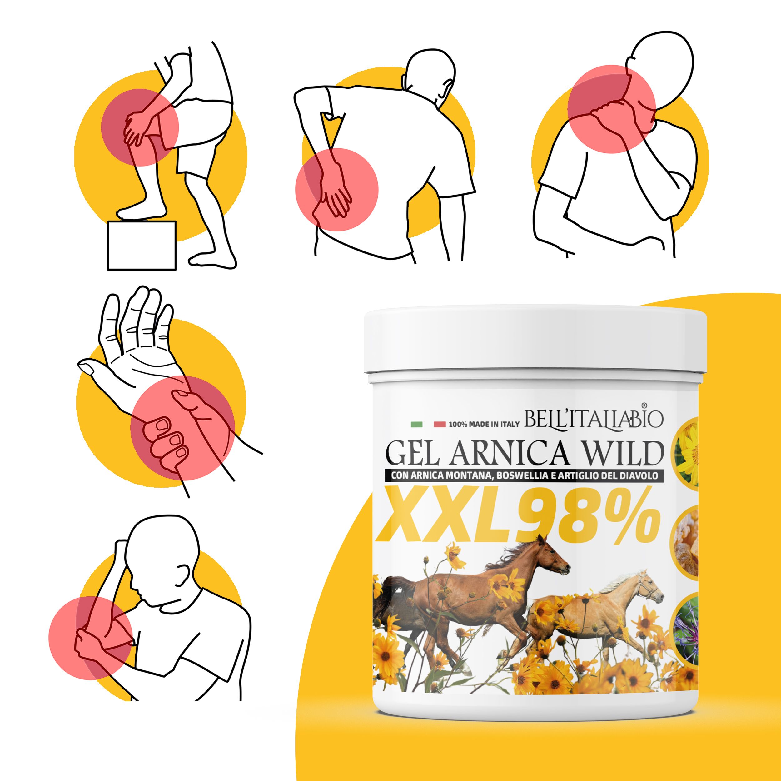 Weißes Produktglas mit Aufschrift GEL ARNICA WILD XXL 98%. Illustrationen von Schmerzen an Knie, Rücken, Nacken, Hand und Arm.