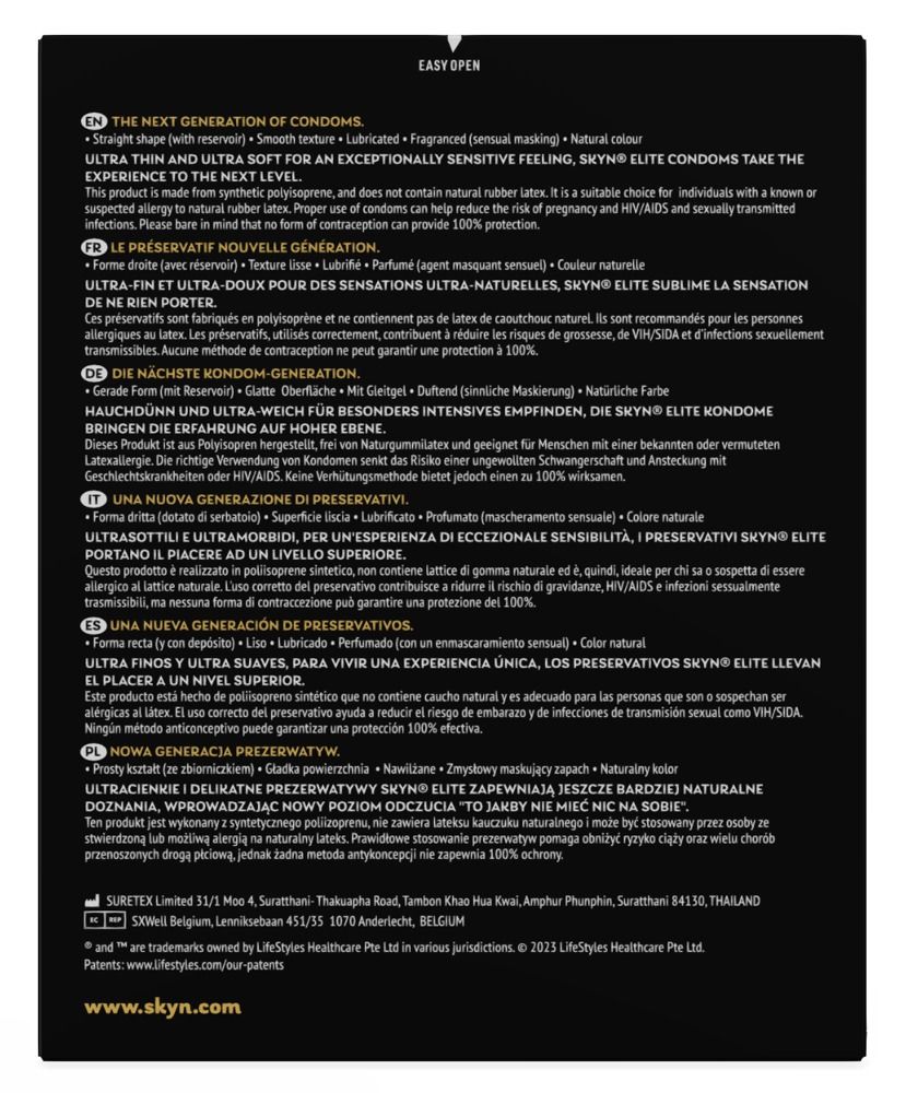Textseite der SKYN Elite Kondomverpackung. Text: Ultra Thin & Ultra Soft. Informationen zu Inhaltsstoffen und Eigenschaften.