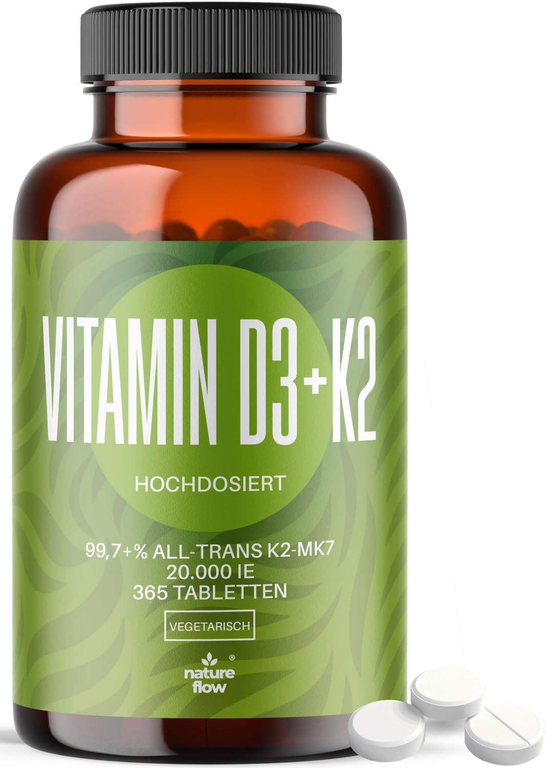 Nature Flow Vitamin D3 K2 Tabletten 20000 IE Hochdosiert - 365 20 Jahre Vorrat 110 g