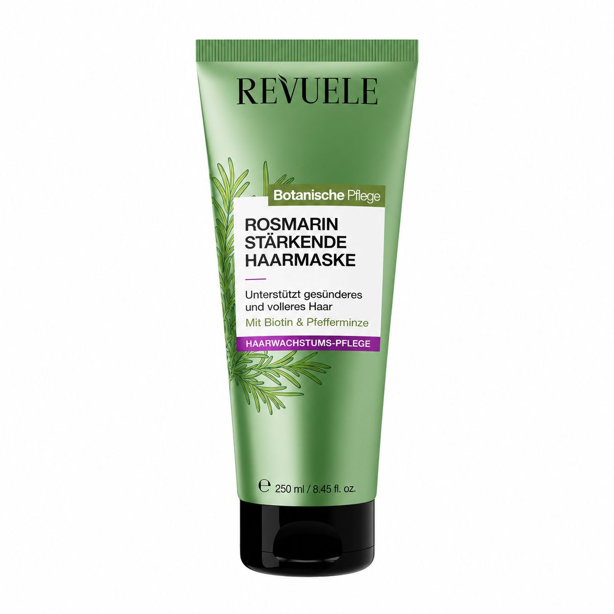 Grüne Tube, "REVUELE" Logo, "ROSMARIN STÄRKENDE HAARMASKE" Aufschrift, 250ml.