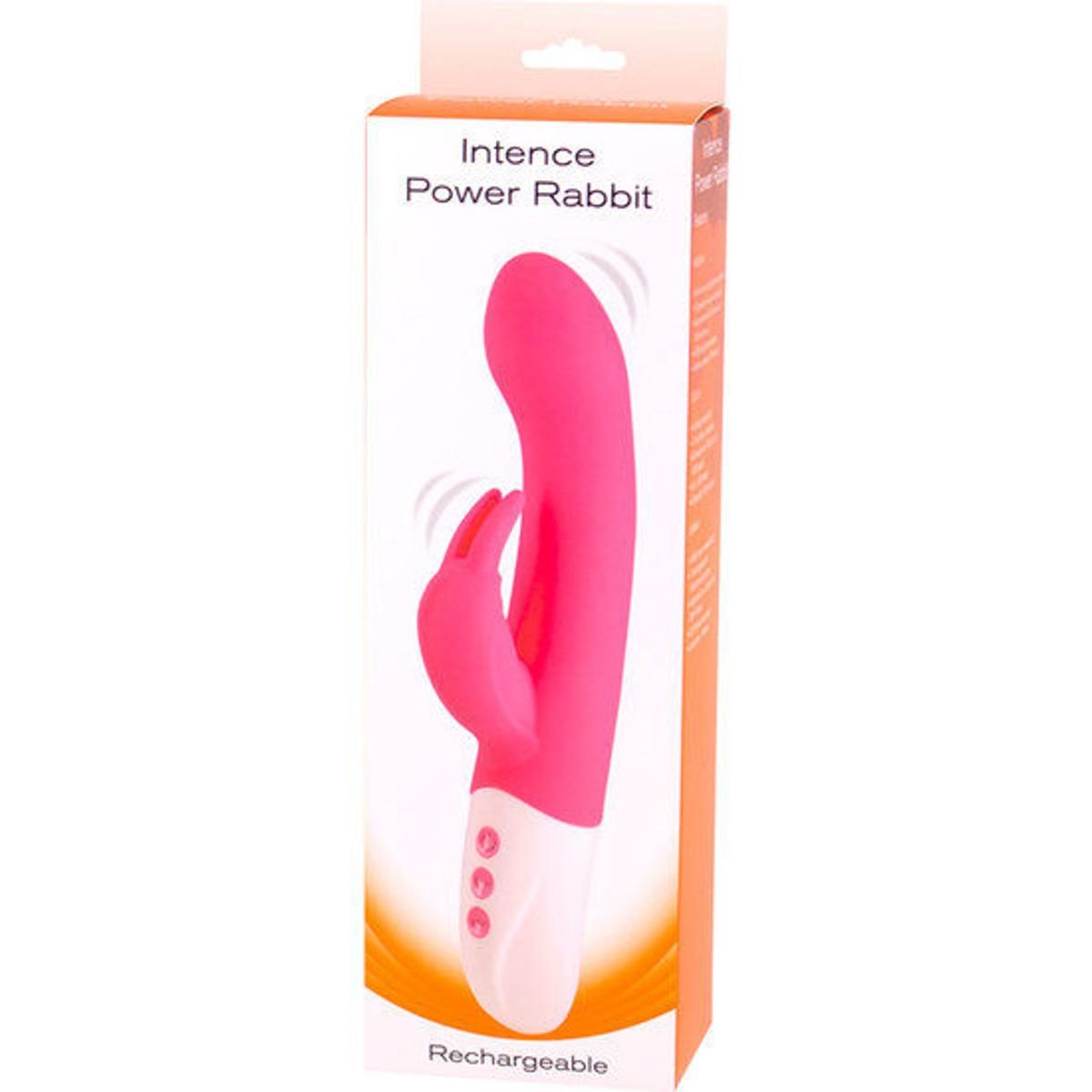 Verpackung mit rosa Vibrator. Produktname: Intence Power Rabbit. Wiederaufladbar.