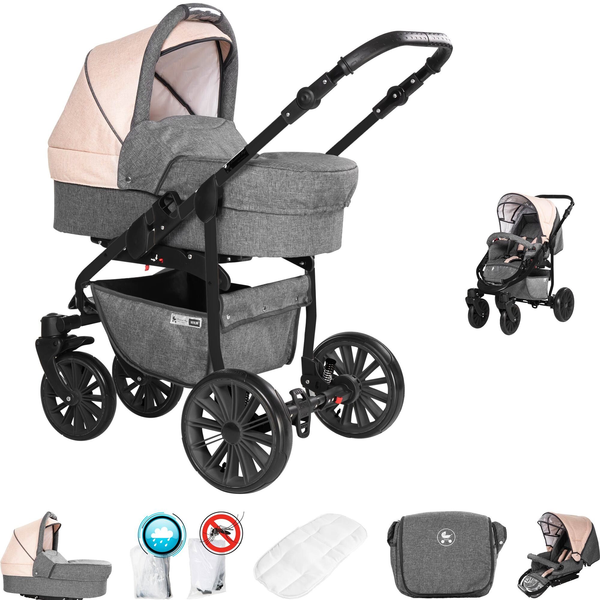 Friedrich Hugo Berlin 2 in 1 Kombikinderwagen Luftreifen, Grey and Beige Night
