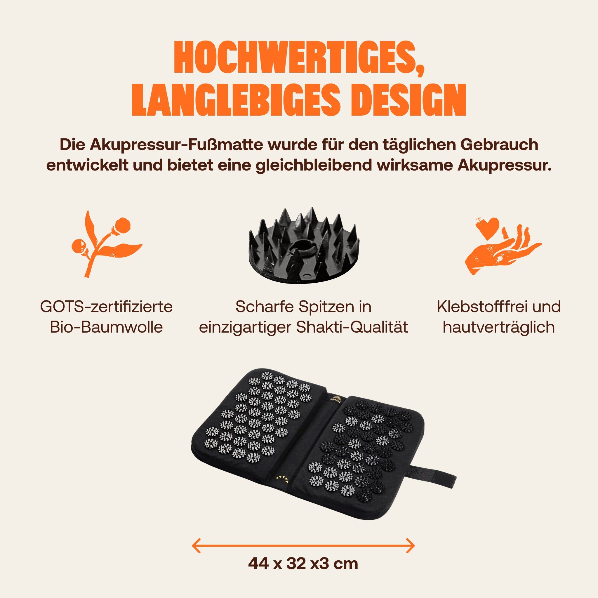 Schwarze Akupressurmatte mit GOTS-Zertifizierung und den Maßen 44x32x3 cm.