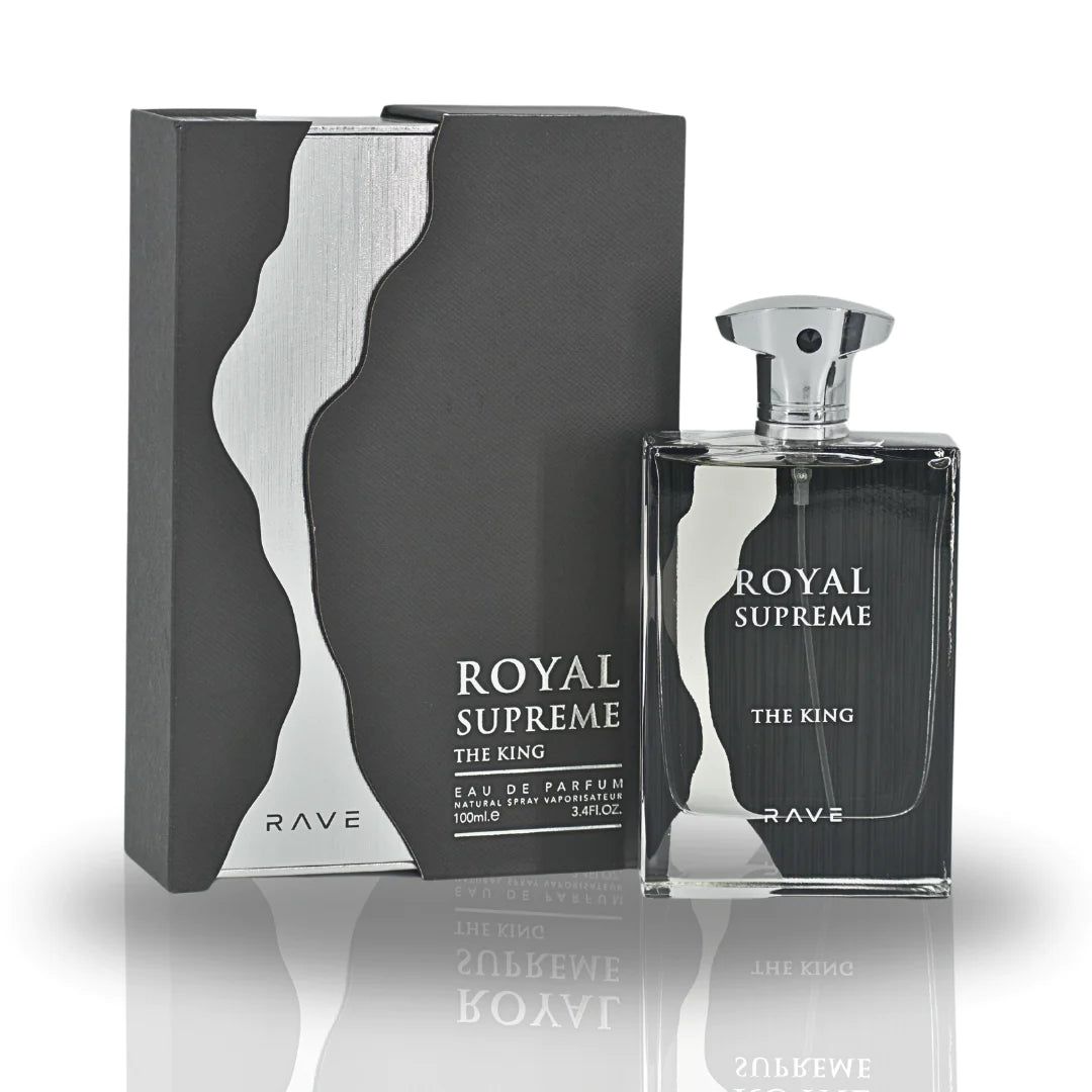 Schwarze rechteckige Parfümflasche mit silbernem Verschluss und schwarzer Schachtel. Text: 'Royal Supreme'.