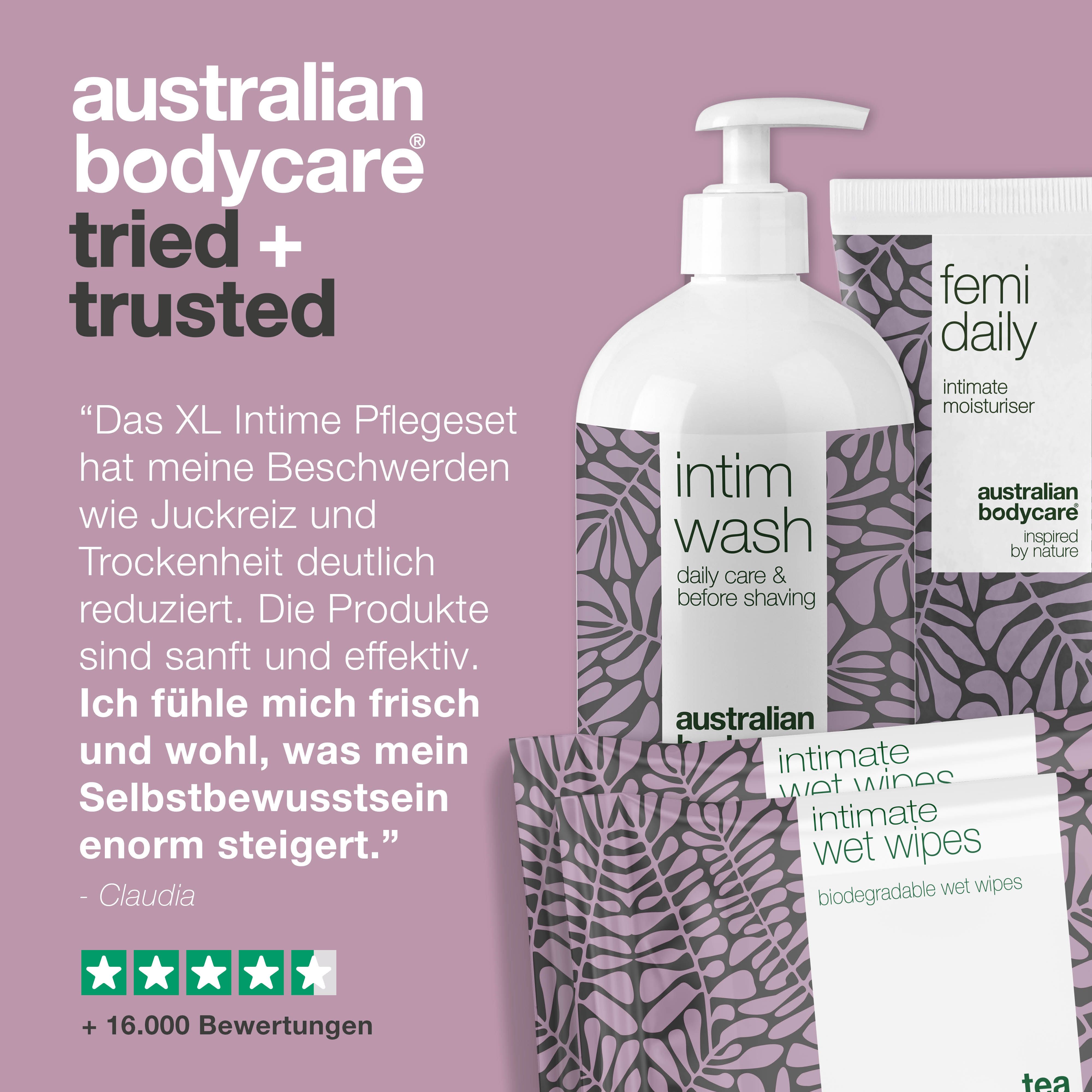 Produkt-Set mit Intimwaschgel, Feuchtigkeitspflege und Feuchttüchern. Text und Logo.