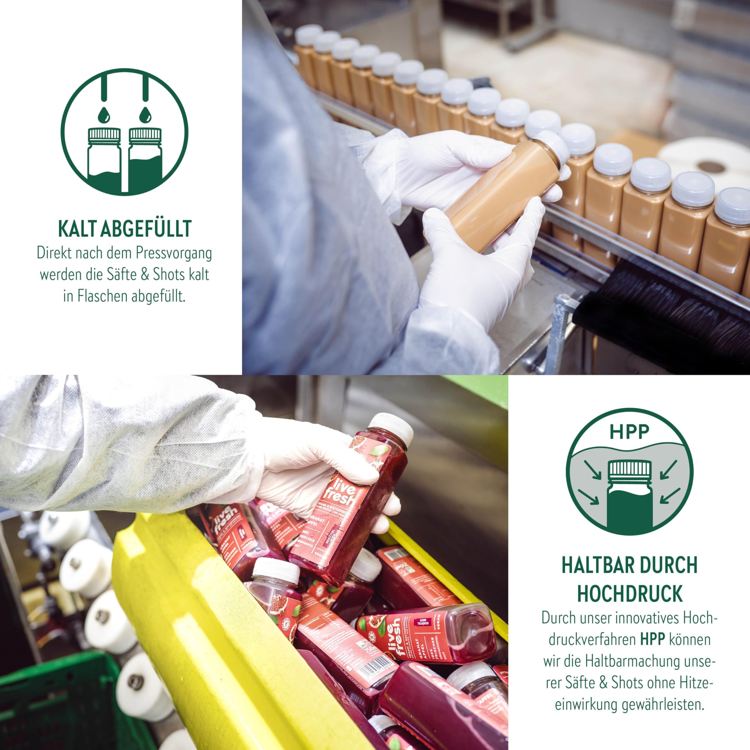 Abfüllung von Säften in Flaschen. Haltbar durch Hochdruck. Kalt abgefüllt. Rote und braune Flaschen werden abgefüllt und verpackt.