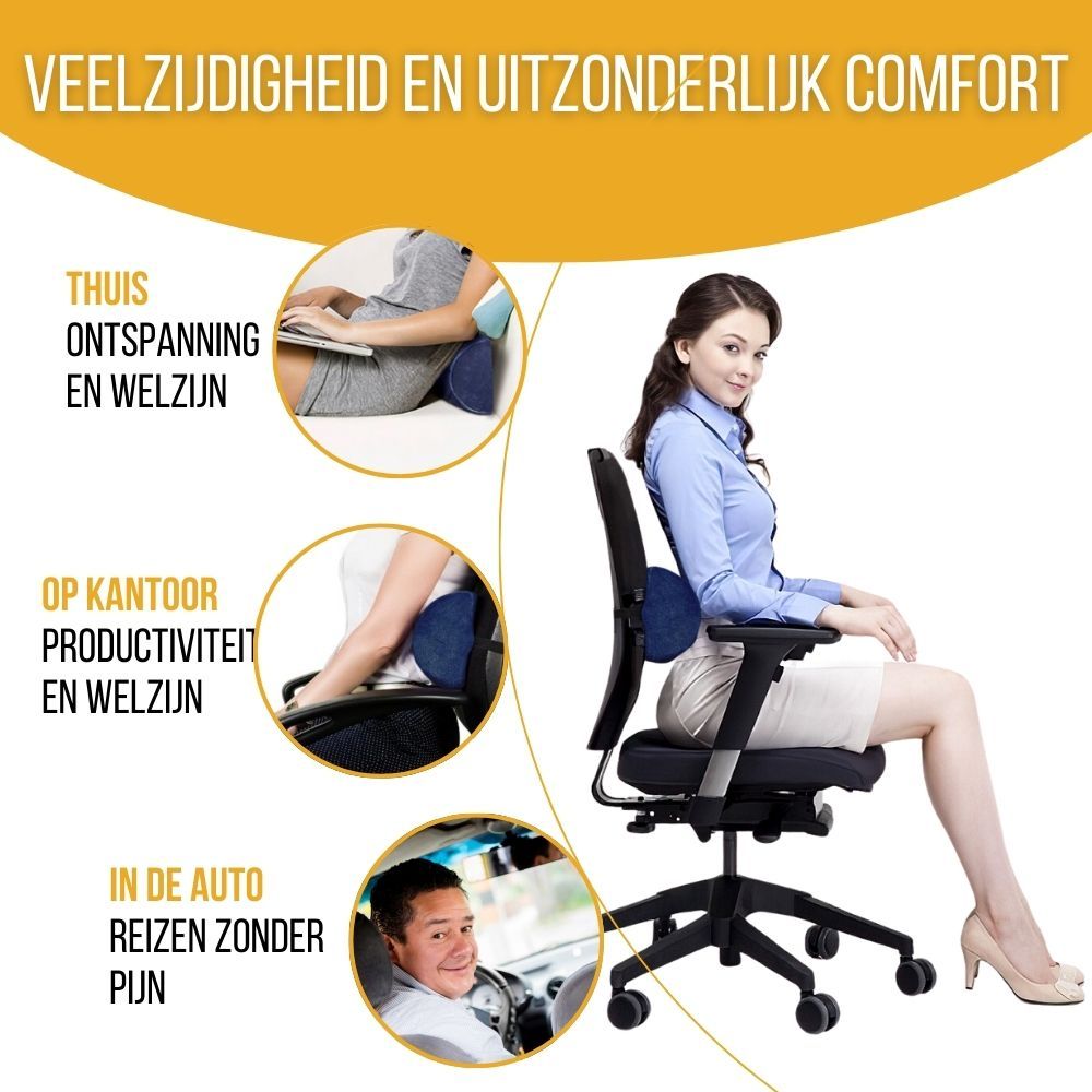 Vrouw zit op stoel met blauw kussen in rug. Tekst: Ontspanning, productiviteit, pijnloos reizen.