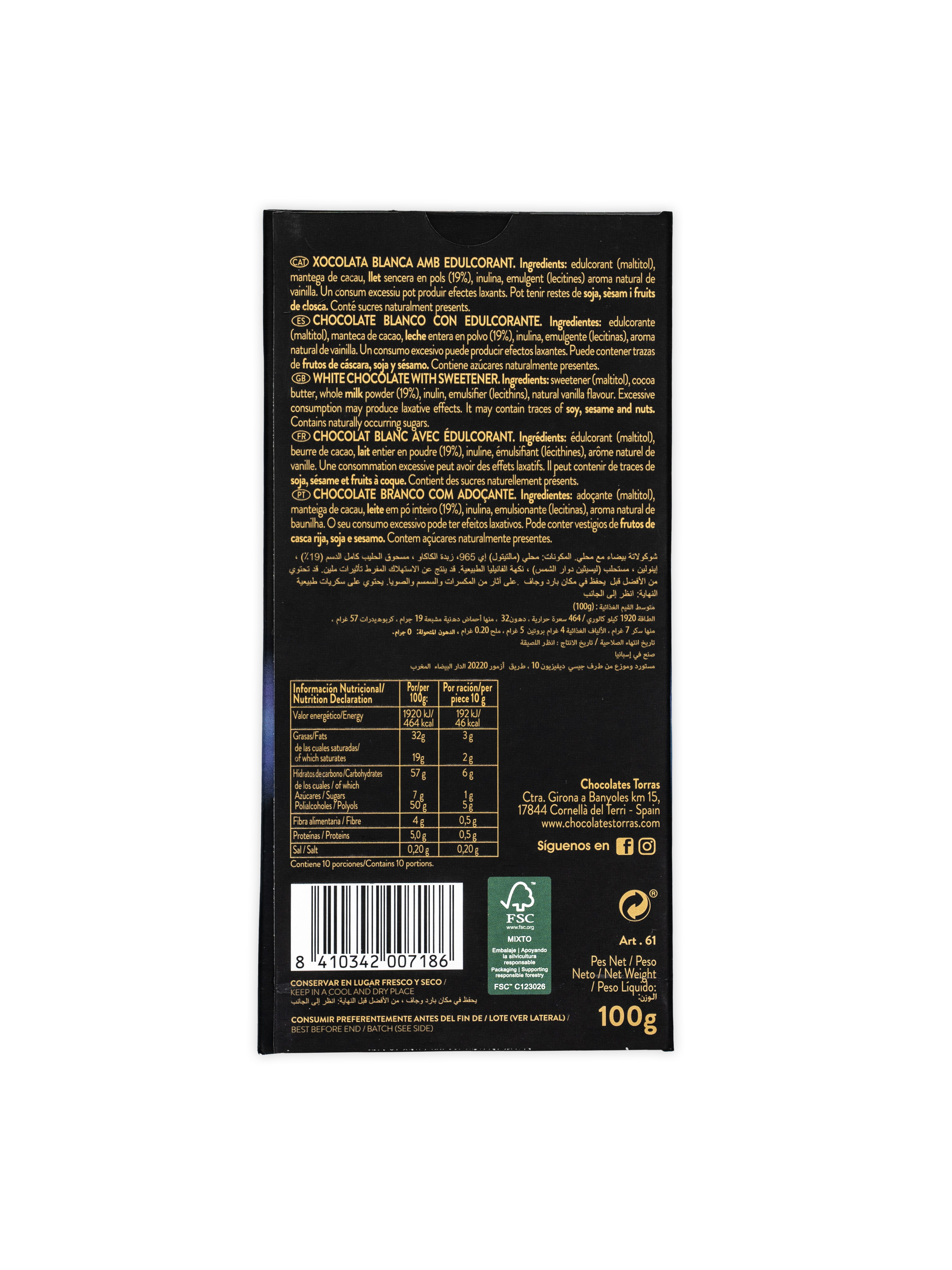 Verpackung der Schokoladentafel "Torras Zero". Enthält Nährwertangaben, Zutaten und Zertifizierungen. 100g.