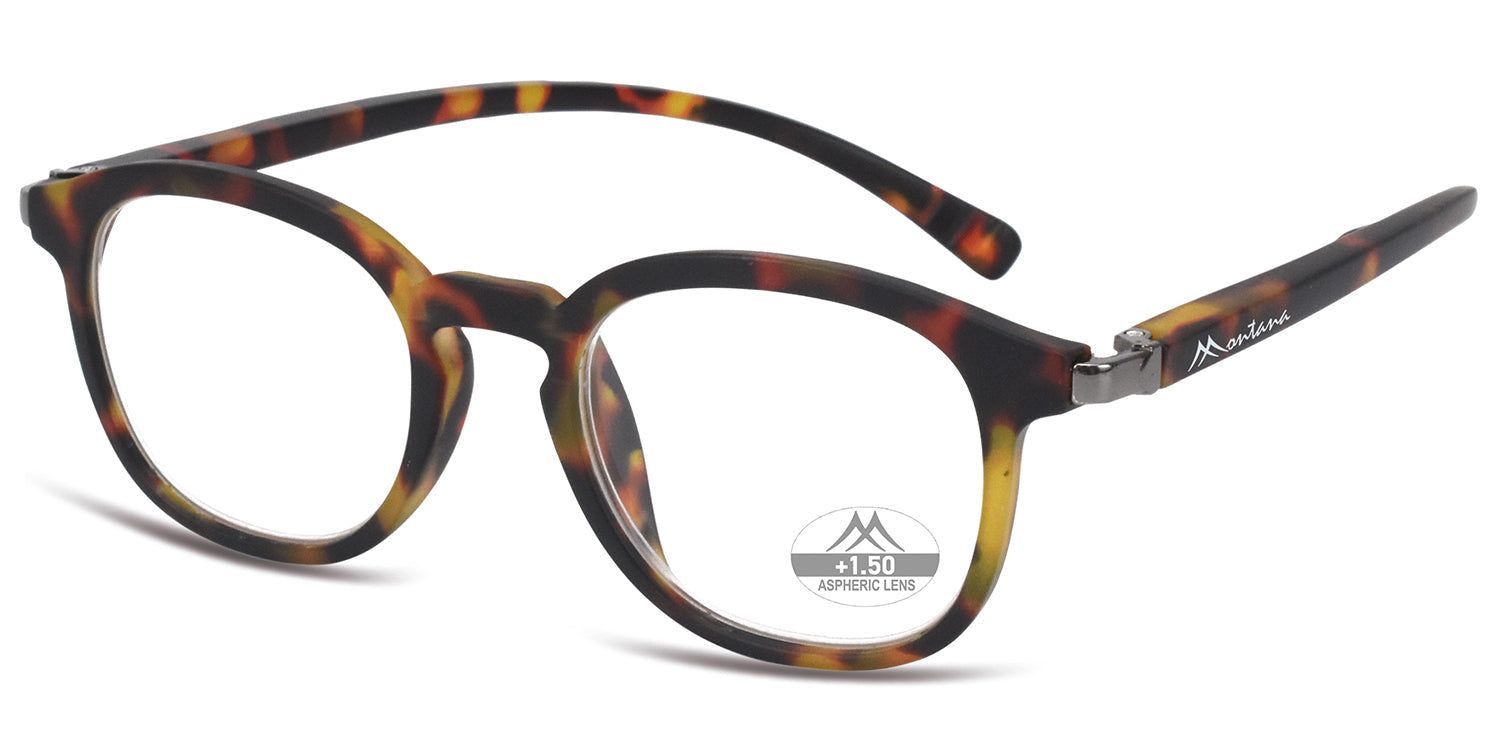 Braune Lesebrille mit runden Gläsern. Auf dem Bügel steht "Montana". Auf einem Glas steht "+1,50 ASPHERIC LENS".