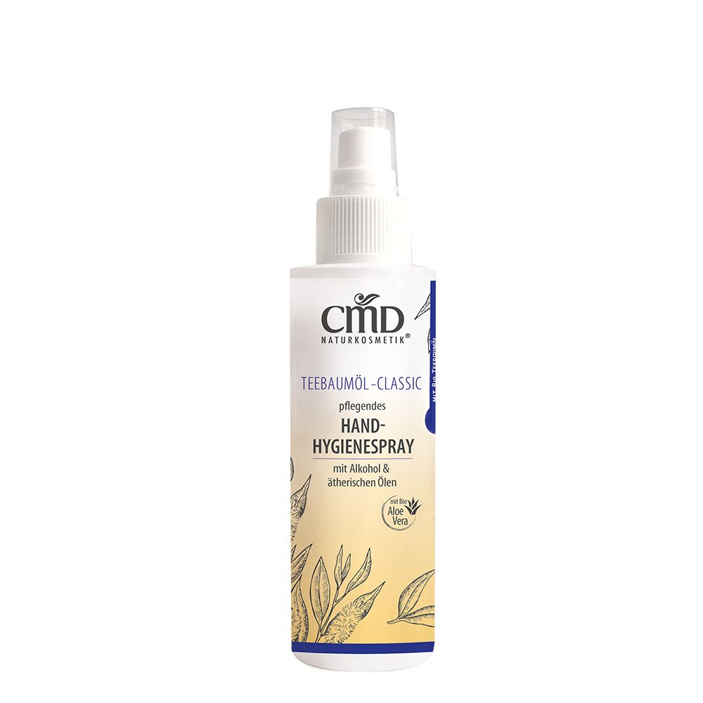 Weiße Sprühflasche mit Produktinformationen. Aufschrift: CMD Naturkosmetik, Teebaumöl-Classic, Handhygienespray.