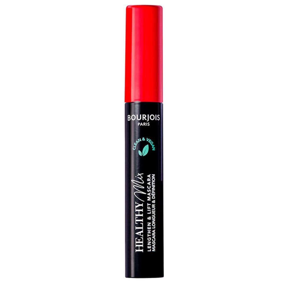 Schwarze Mascara-Tube mit rotem Deckel. Aufschrift: Bourjois Paris, Healthy Mix, Clean & Vegan.