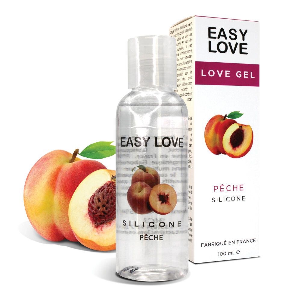 Flasche und Verpackung von Easy Love Love Gel. Abgebildet sind Pfirsiche. Aufschrift: Pêche Silicone, 100 ml.