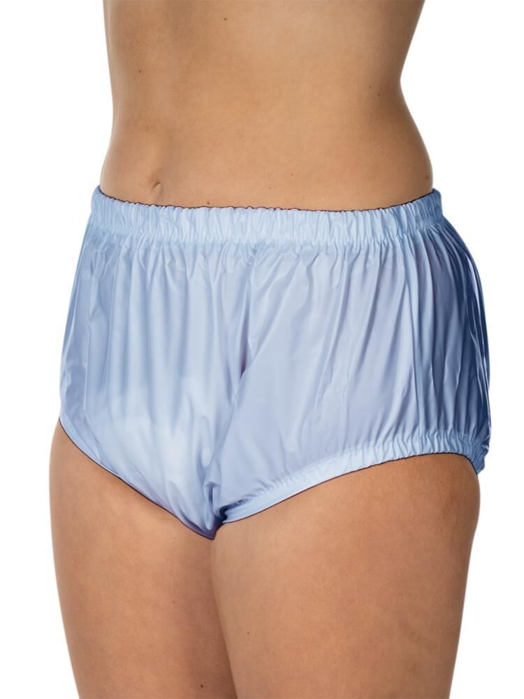 Hellblaue PVC-Slip. Elastischer Bund, Beinabschlüsse. Für Inkontinenz.