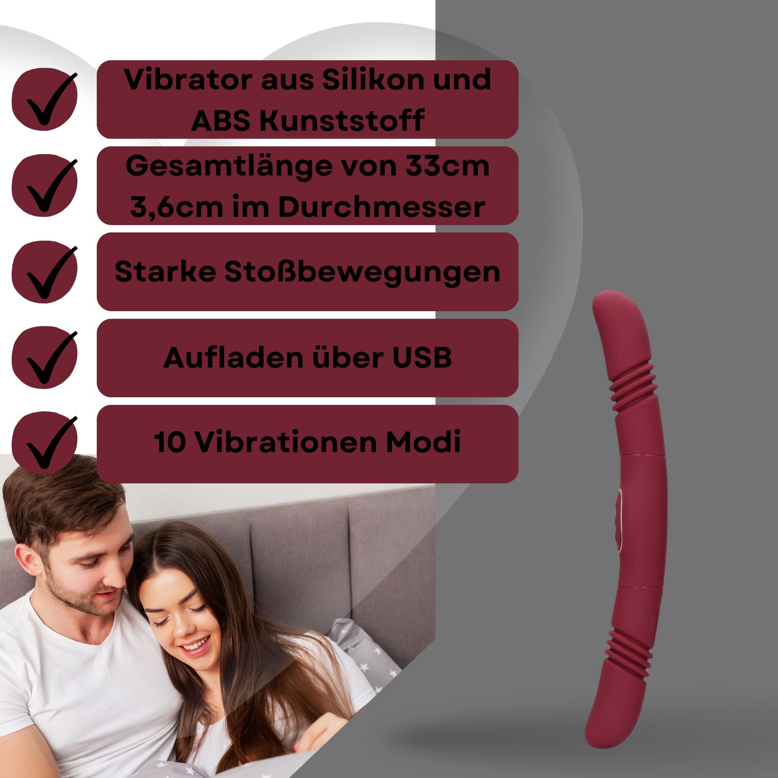 Bordeauxfarbener Vibrator. Aus Silikon und ABS-Kunststoff. 33 cm lang, 3,6 cm Durchmesser. 10 Vibrationsmodi. Aufladung über USB.