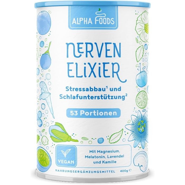 Alpha Foods Nerven Elixier, Entspannung am Abend, mit Melatonin, Magnesium, Vitaminen & mehr, 400g