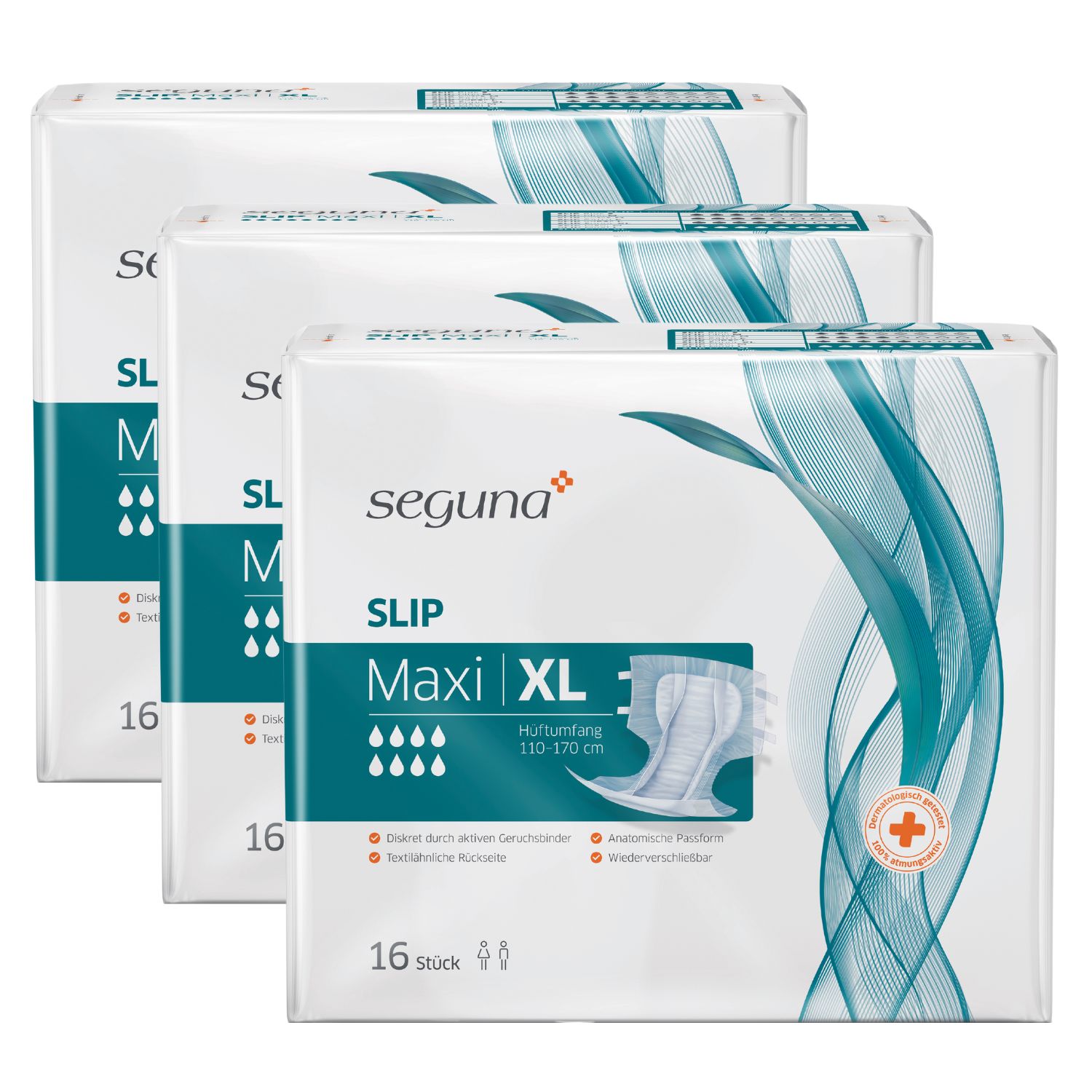 Drei Packungen SEGUNA Slip Maxi XL. Weiße Verpackung mit Produktabbildung und blauen Designelementen. 16 Stück pro Packung.