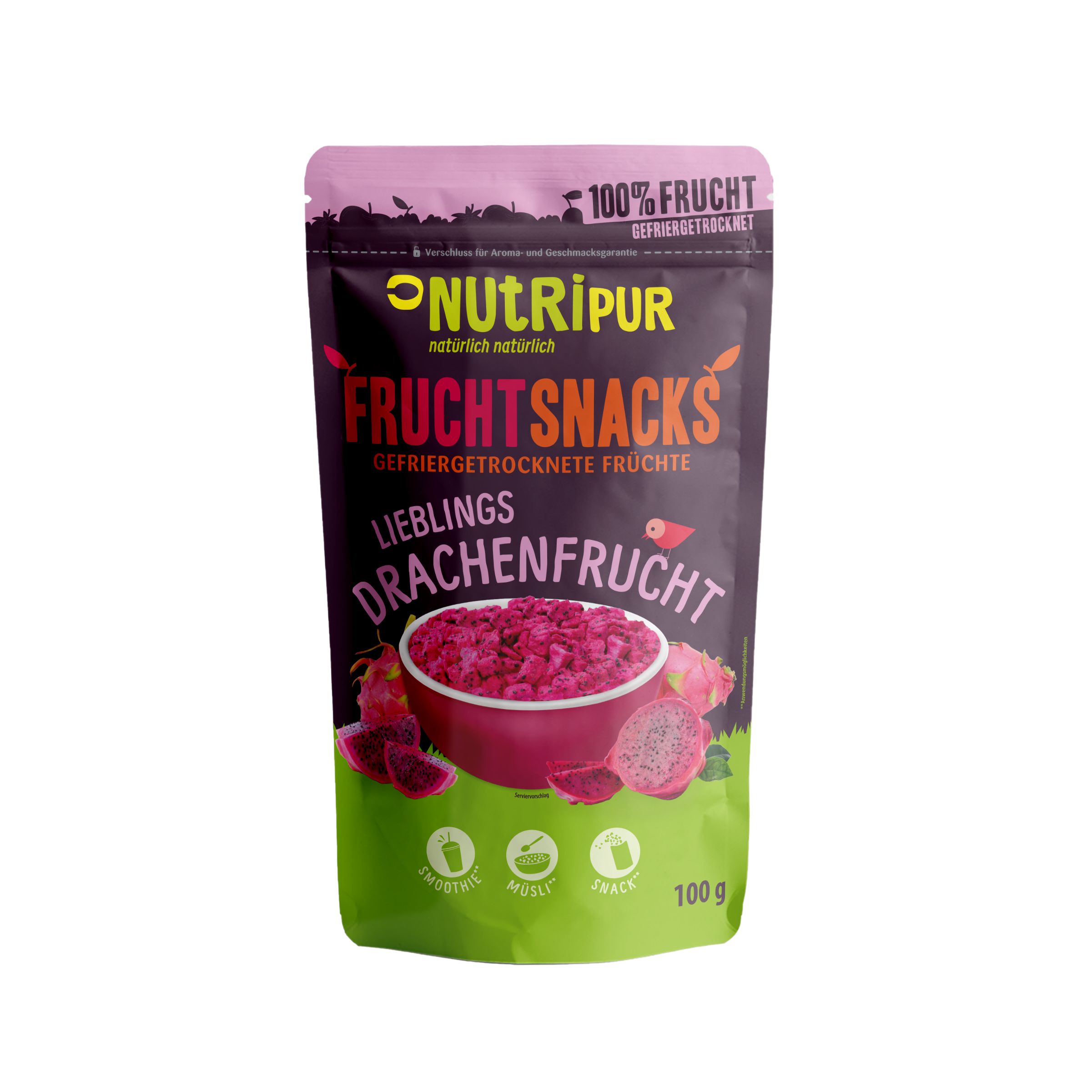 Verpackung mit gefriergetrockneten Drachenfrucht-Snacks. Marke NutriPur. Aufschrift: FruchtSnacks, 100% Frucht, 100g.