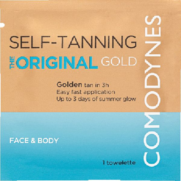 Einzelne Selbstbräunungstuch-Verpackung. Marke Comodynes. Aufschrift: Self-Tanning, The Original Gold. Für Gesicht & Körper.