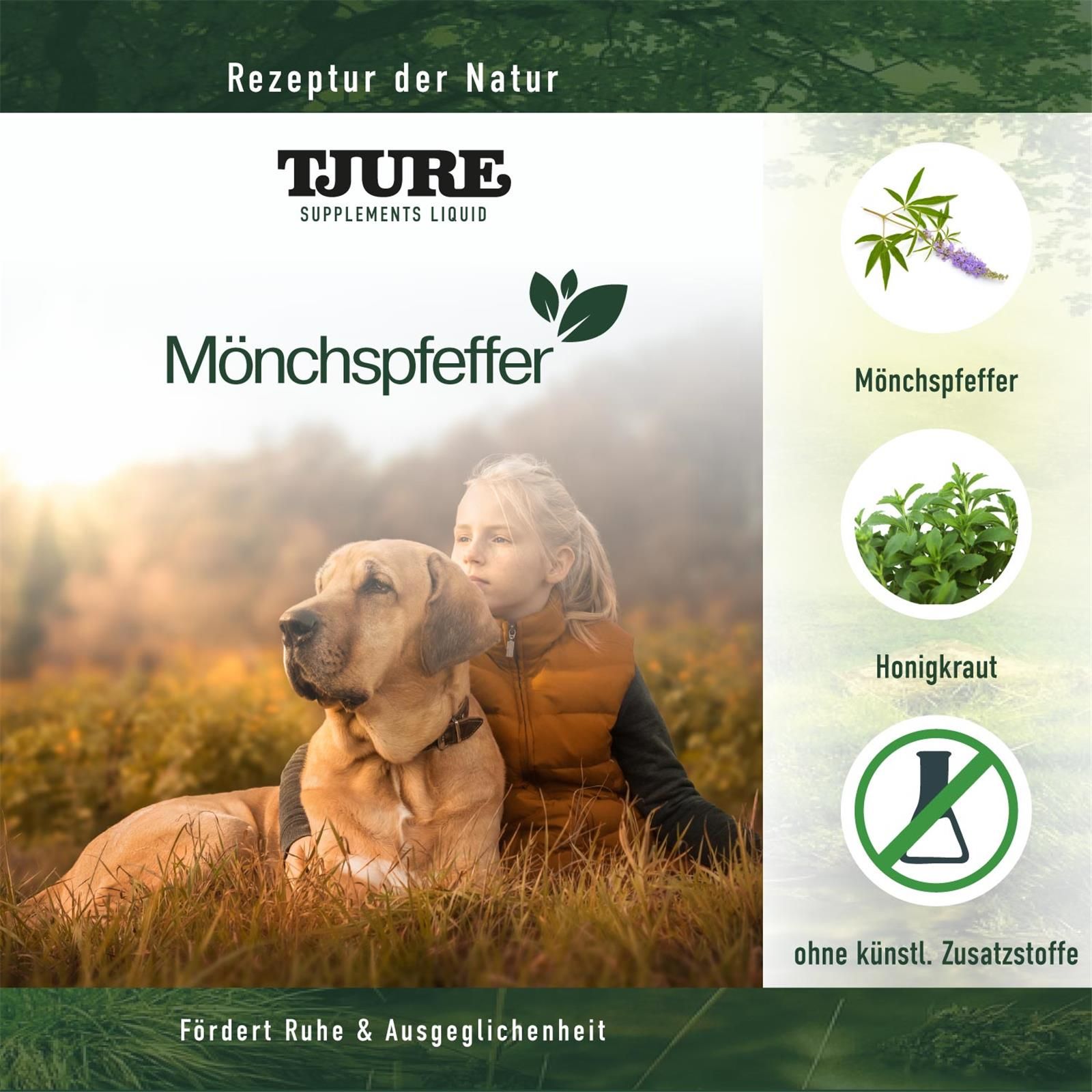 Etikett mit Produktname und Logo. Abbildung von Hund und Kind. Zusätzliche Grafiken: Mönchspfeffer, Honigkraut, Symbol ohne Zusatzstoffe. Text: Fördert Ruhe & Ausgeglichenheit.