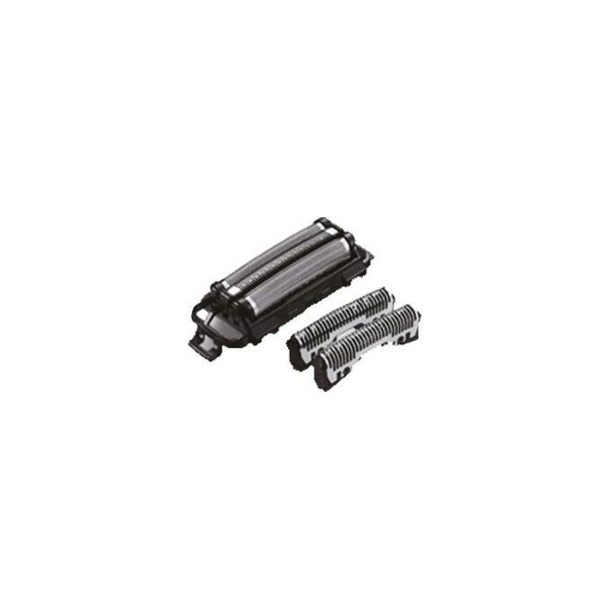 Rasierklingen-Set. Zwei Scherfolien und ein Scherkopf. Schwarzes Kunststoffgehäuse. Metallgitter. Draufsicht.