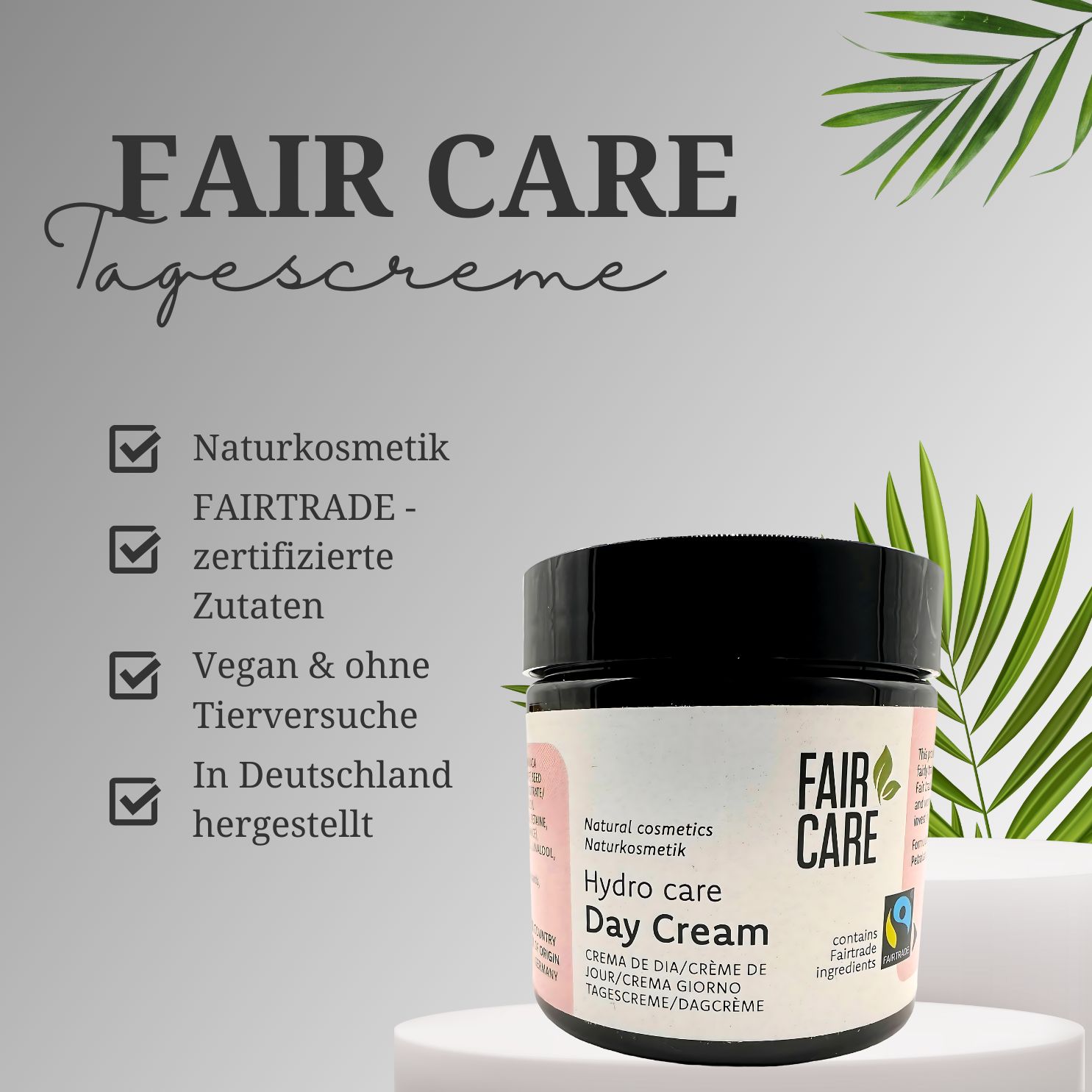 Tiegel FAIR CARE Tagescreme. Schwarzer Deckel, rosa Etikett. Naturkosmetik, Fairtrade, vegan, hergestellt in Deutschland.
