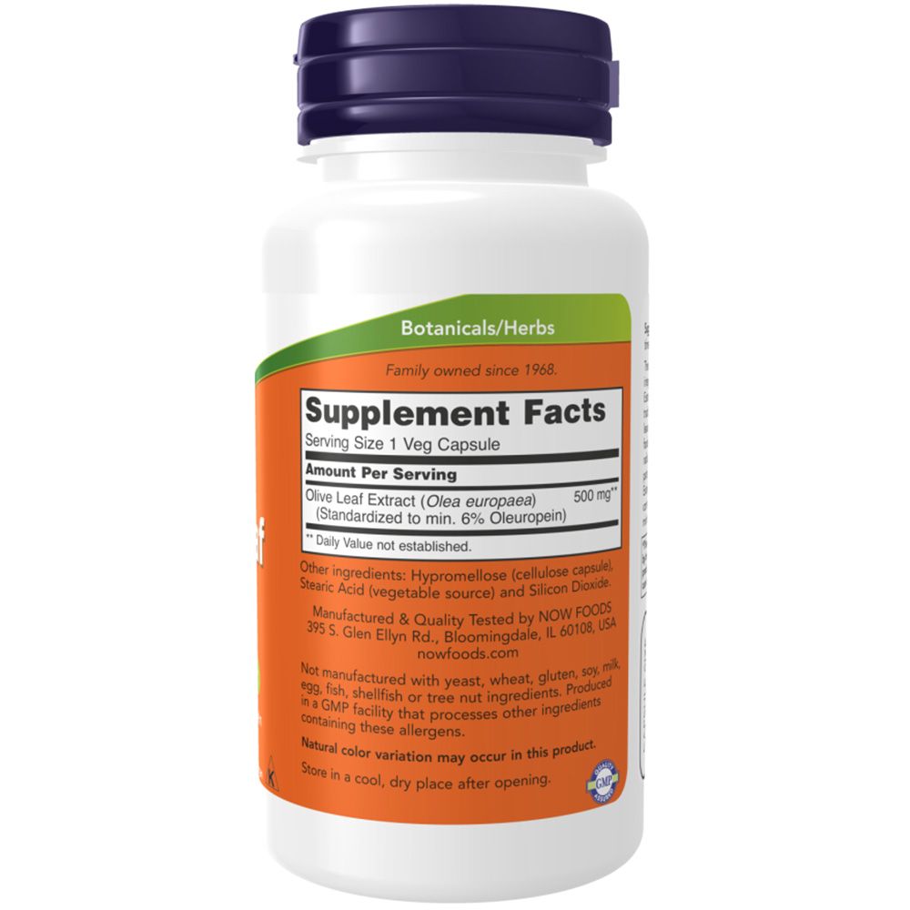 Rückseite der Flasche. Aufschrift: Supplement Facts. Enthält Olive Leaf Extract. Marke: Now Foods. Inhaltsstoffe und Nährwertangaben.