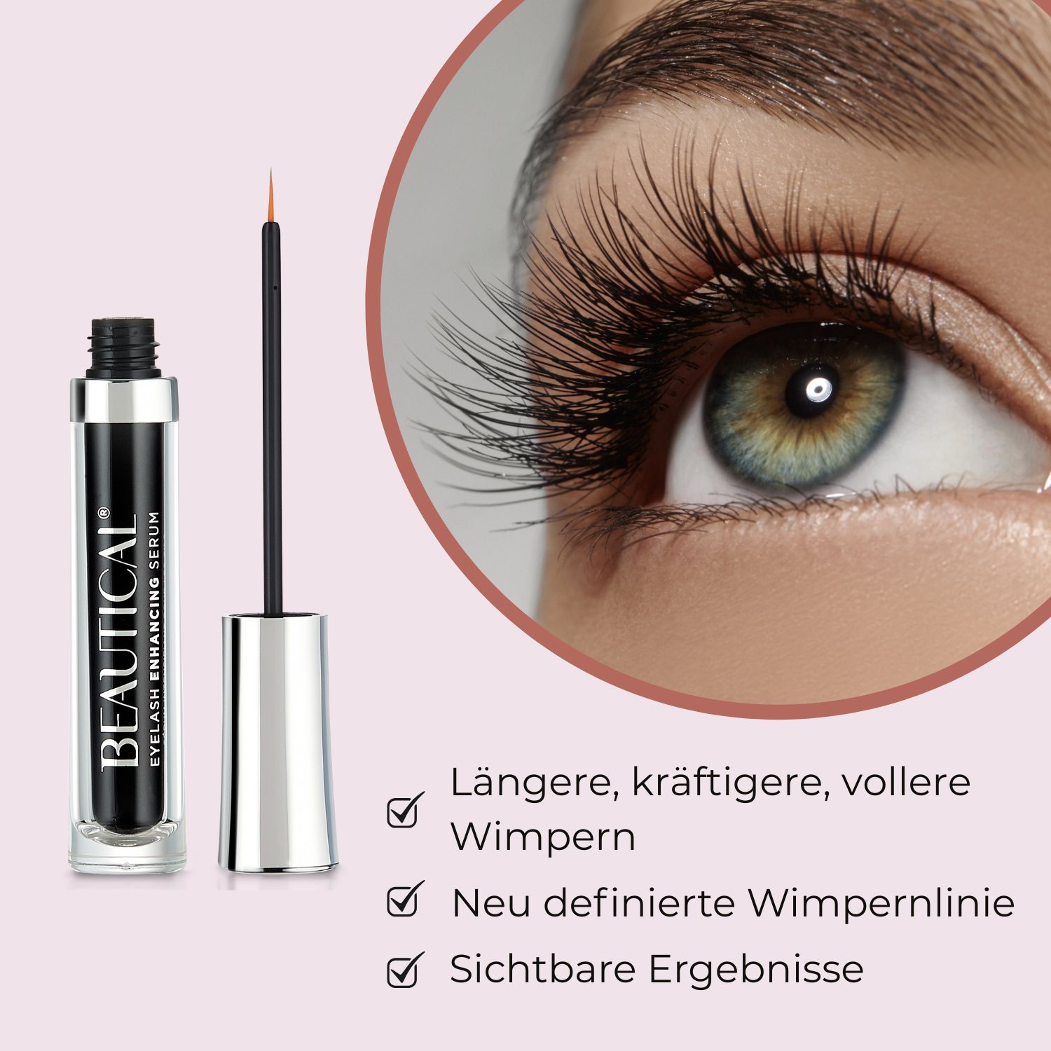 BEAUTICAL Eyelash Enhancing Serum. Flasche, Applikator und Ergebnisse: längere Wimpern.