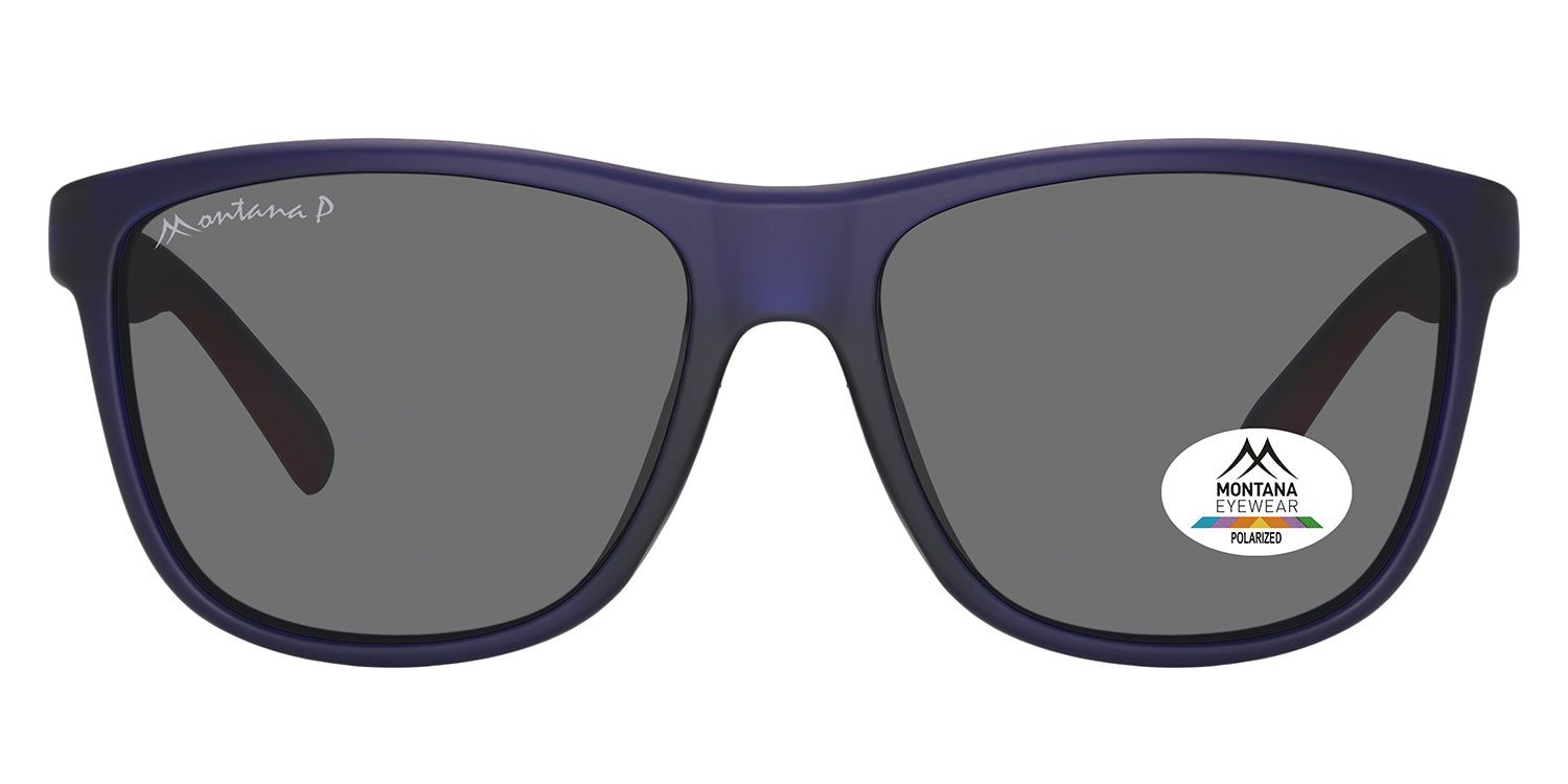Blaue Sonnenbrille mit grauen Gläsern. Montana Eyewear Logo auf dem Bügel. Polarisiert-Aufkleber auf dem Glas.