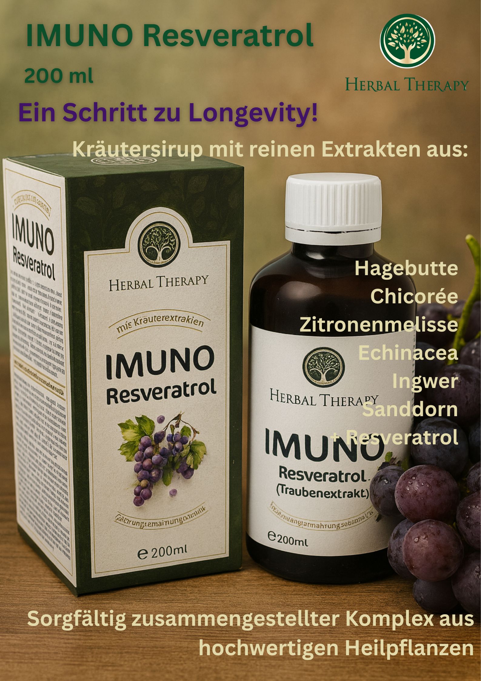 Flasche und Schachtel IMUNO Resveratrol. Text: Kräutersirup mit Extrakten aus Hagebutte, Echinacea, Ingwer, Sanddorn.